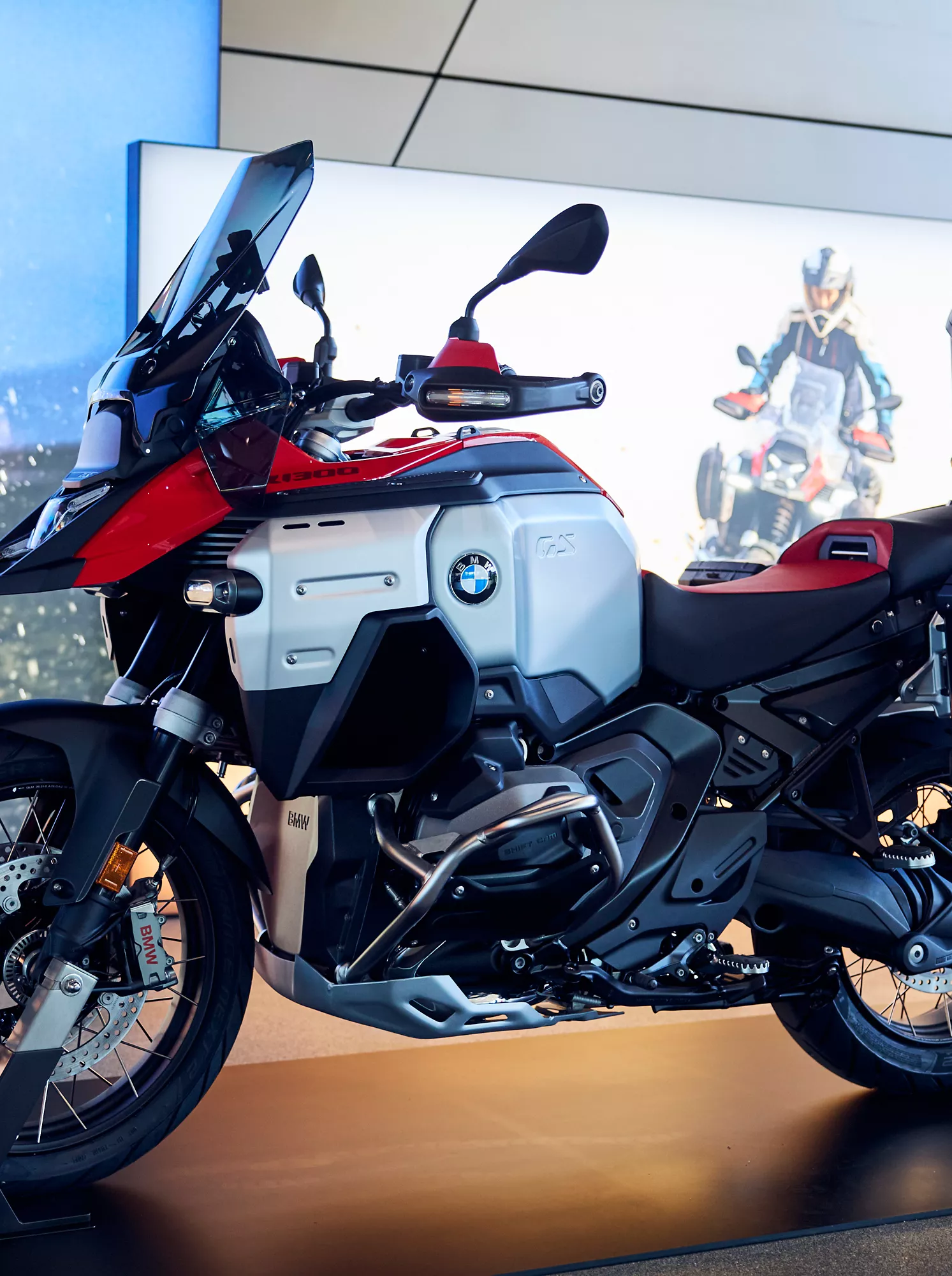 BMW R 1300 GS Adventure Motorrad  with adventure equipment on display at BMW Welt
