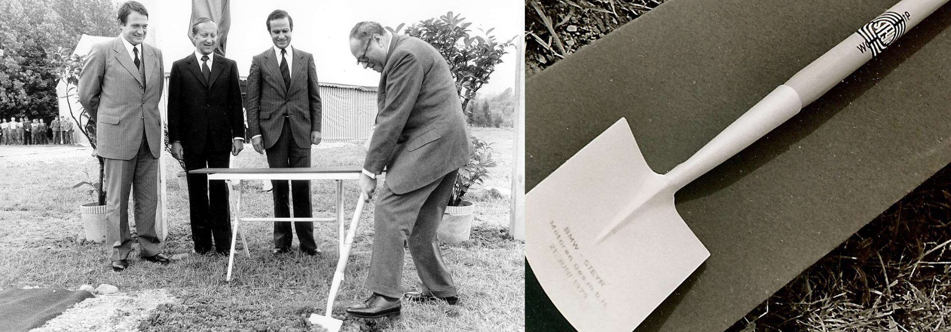 Spatenstich für das BMW Group Werk Steyr - festgehalten auf einer Fotografie in Schwarz-Weiß.