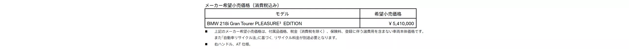 メーカー希望小売価格（消費税込み）