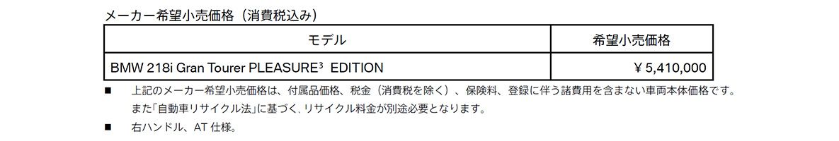 メーカー希望小売価格（消費税込み）