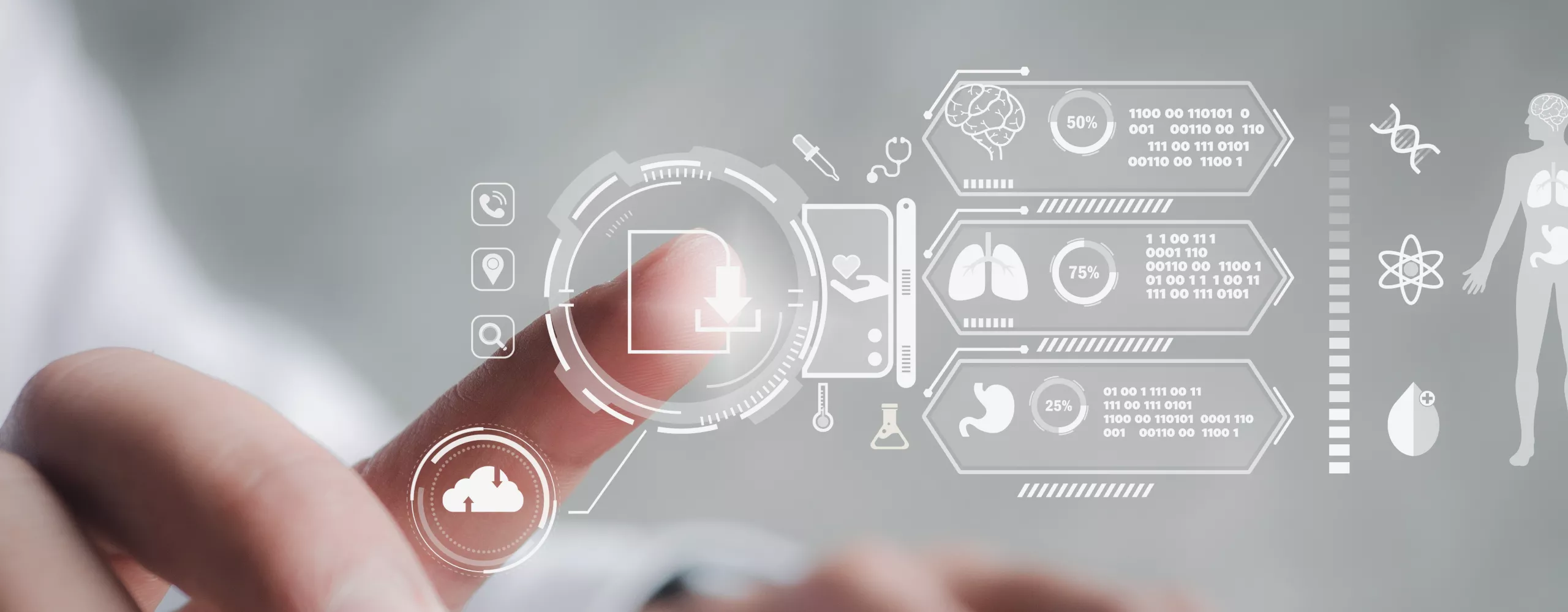 Mann sitzt am Laptop, im Vordergrund Symbole von Körper