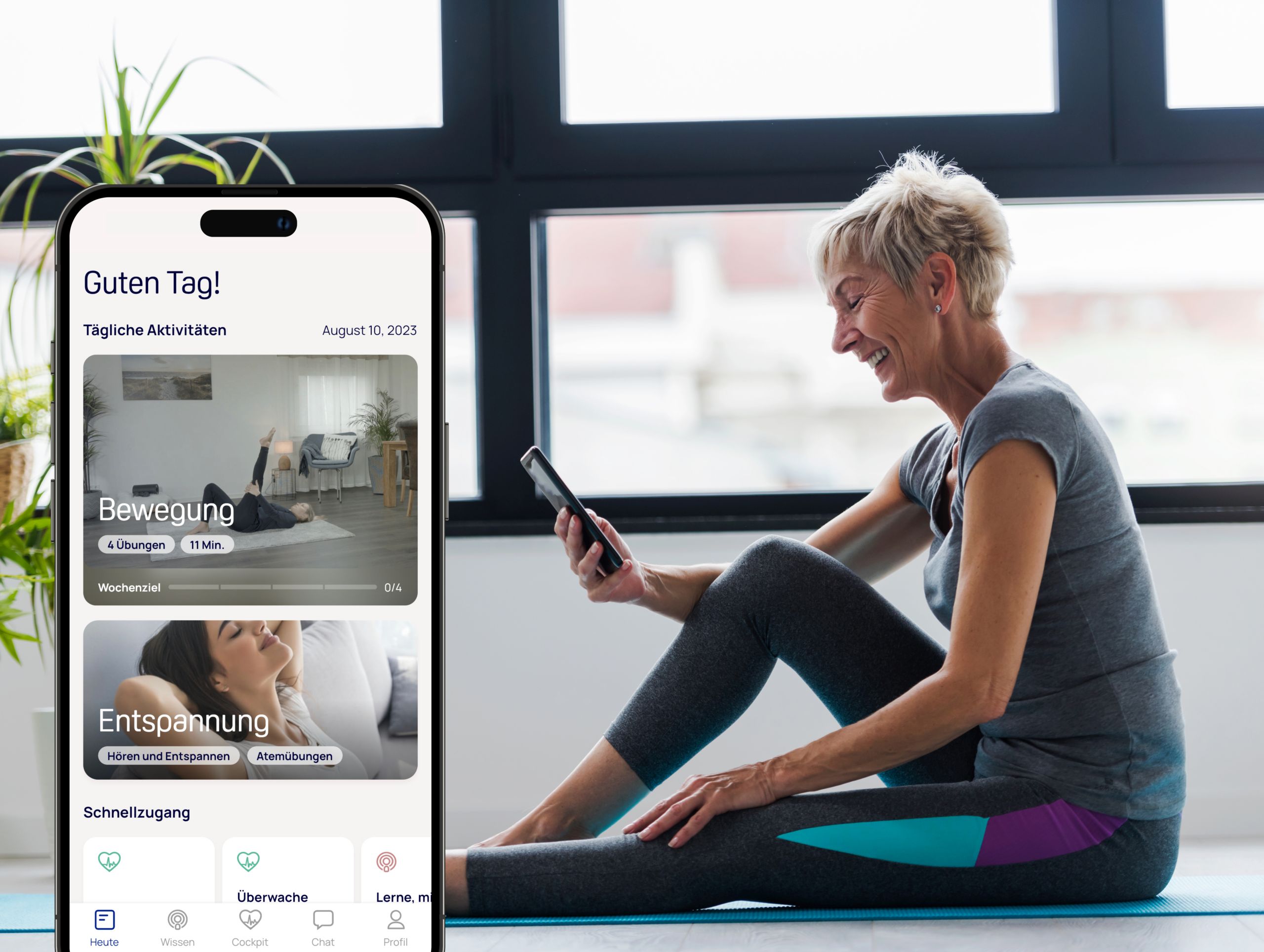 Frau in Sportkleidung nutzt die medicalmotion-App.