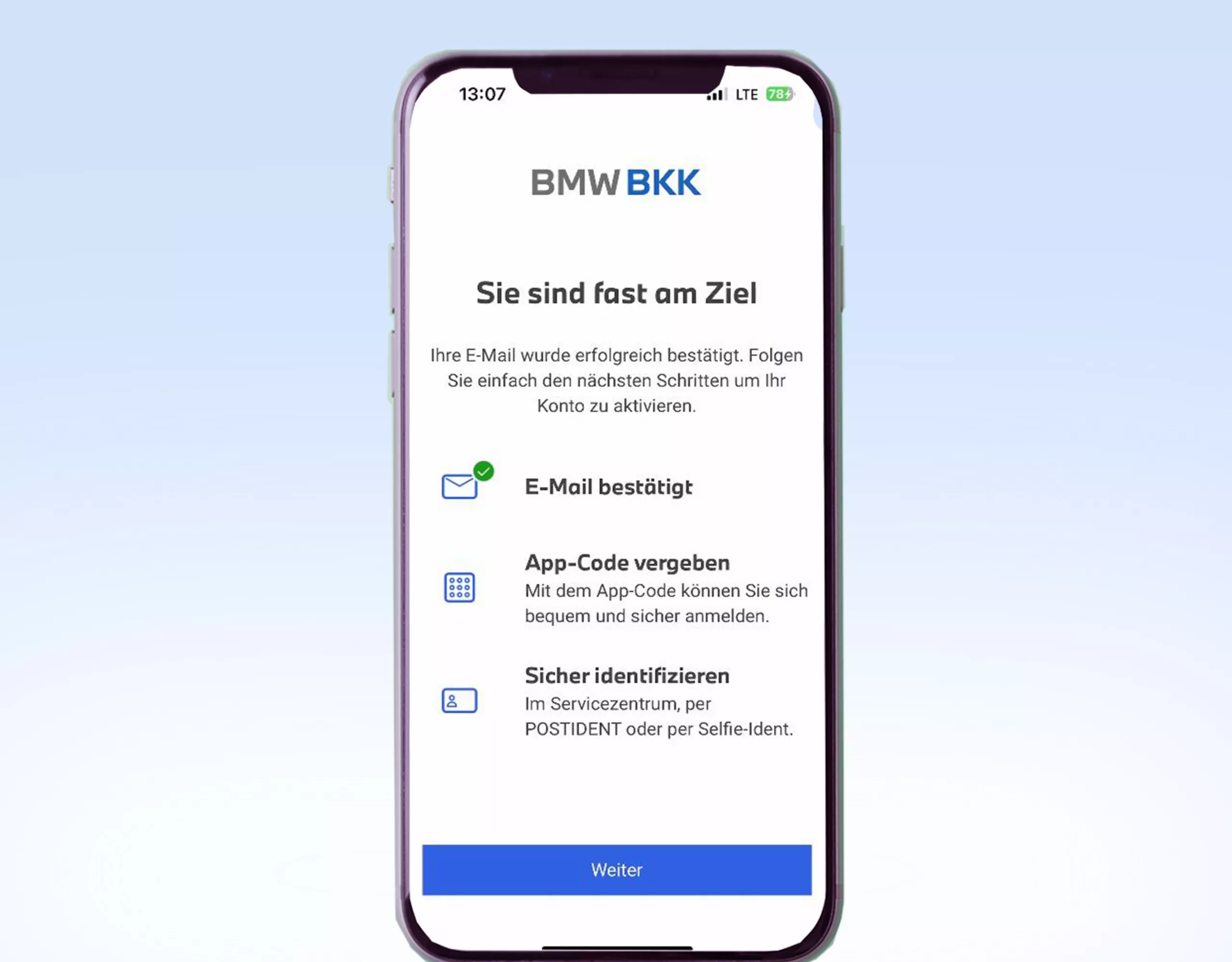 "Weiter", um App-Code zu aktivieren