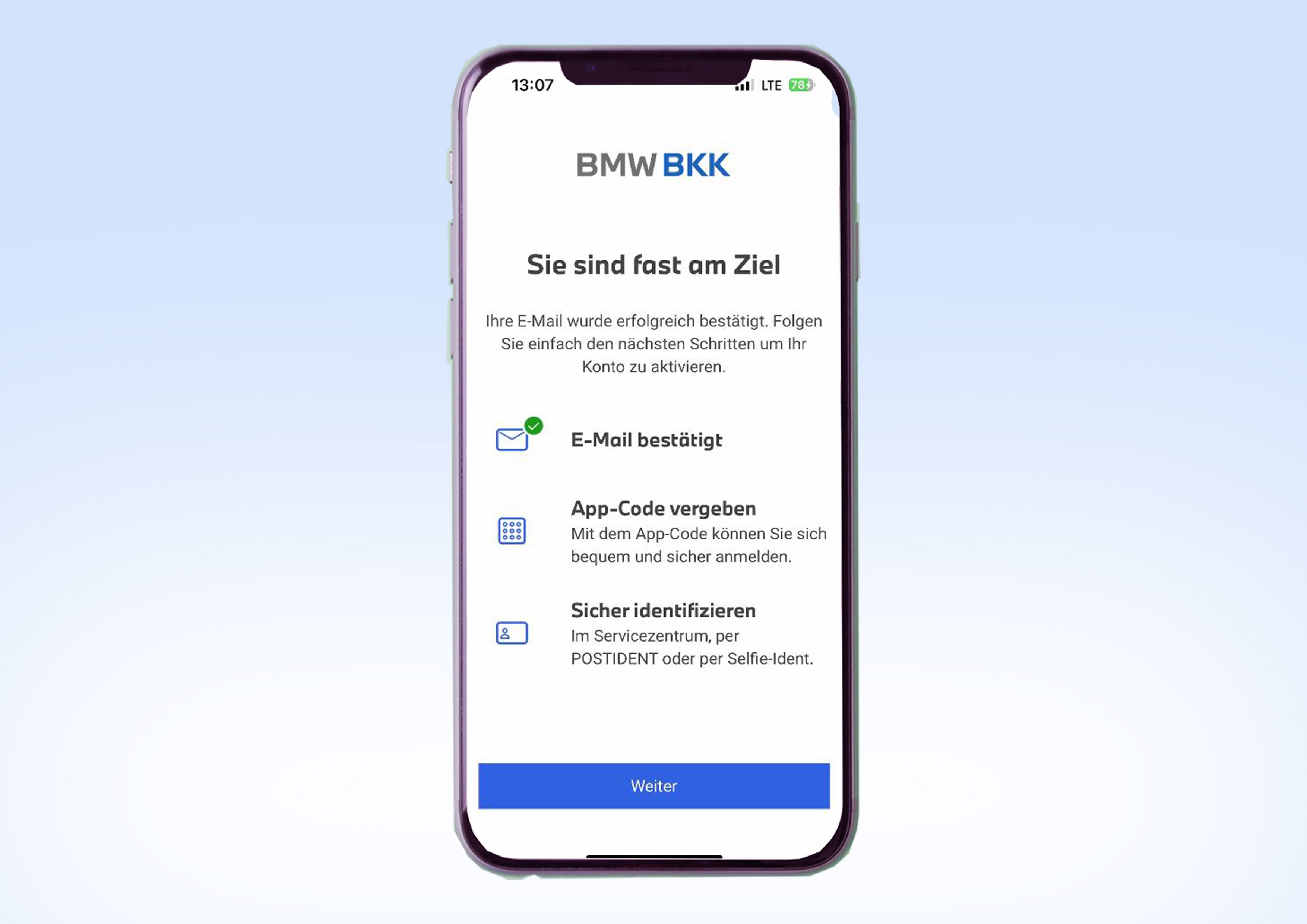 "Weiter", um App-Code zu aktivieren