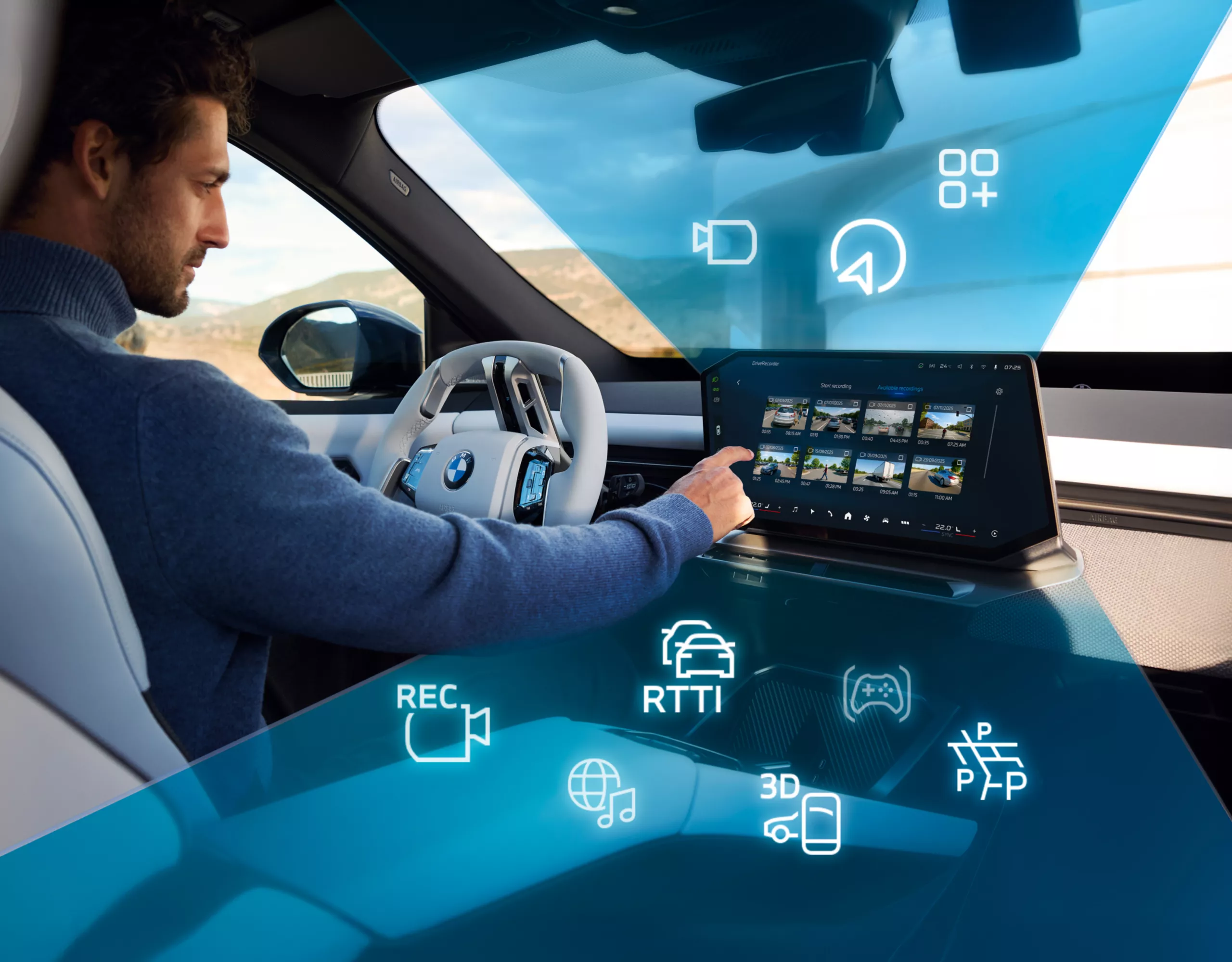 Una persona è seduta al volante di una BMW. Gli elementi grafici simboleggiano la varietà dell'offerta BMW ConnectedDrive.