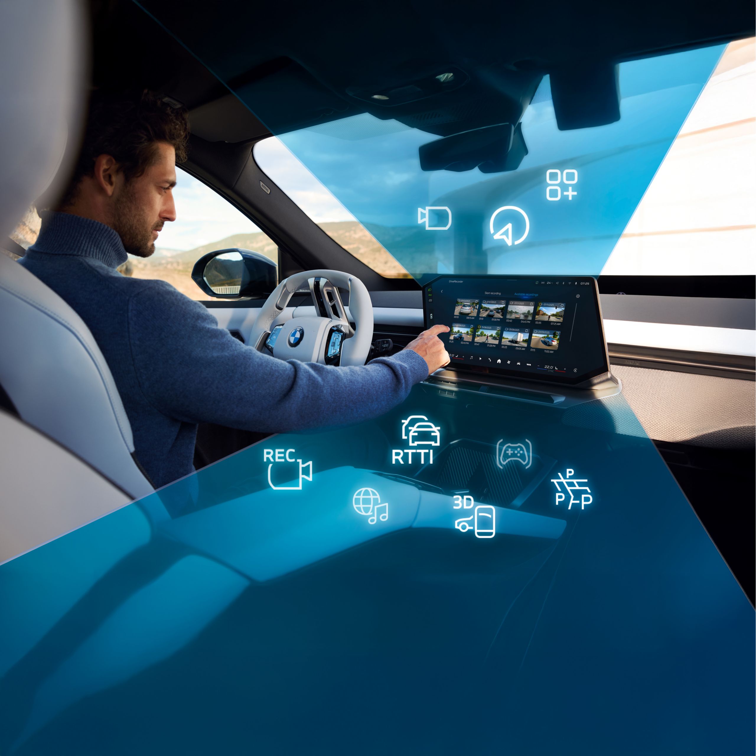 Eine Person sitzt am Steuer eines BMW. Grafische Elemente symbolisieren die Vielfalt des BMW ConnectedDrive Angebots 