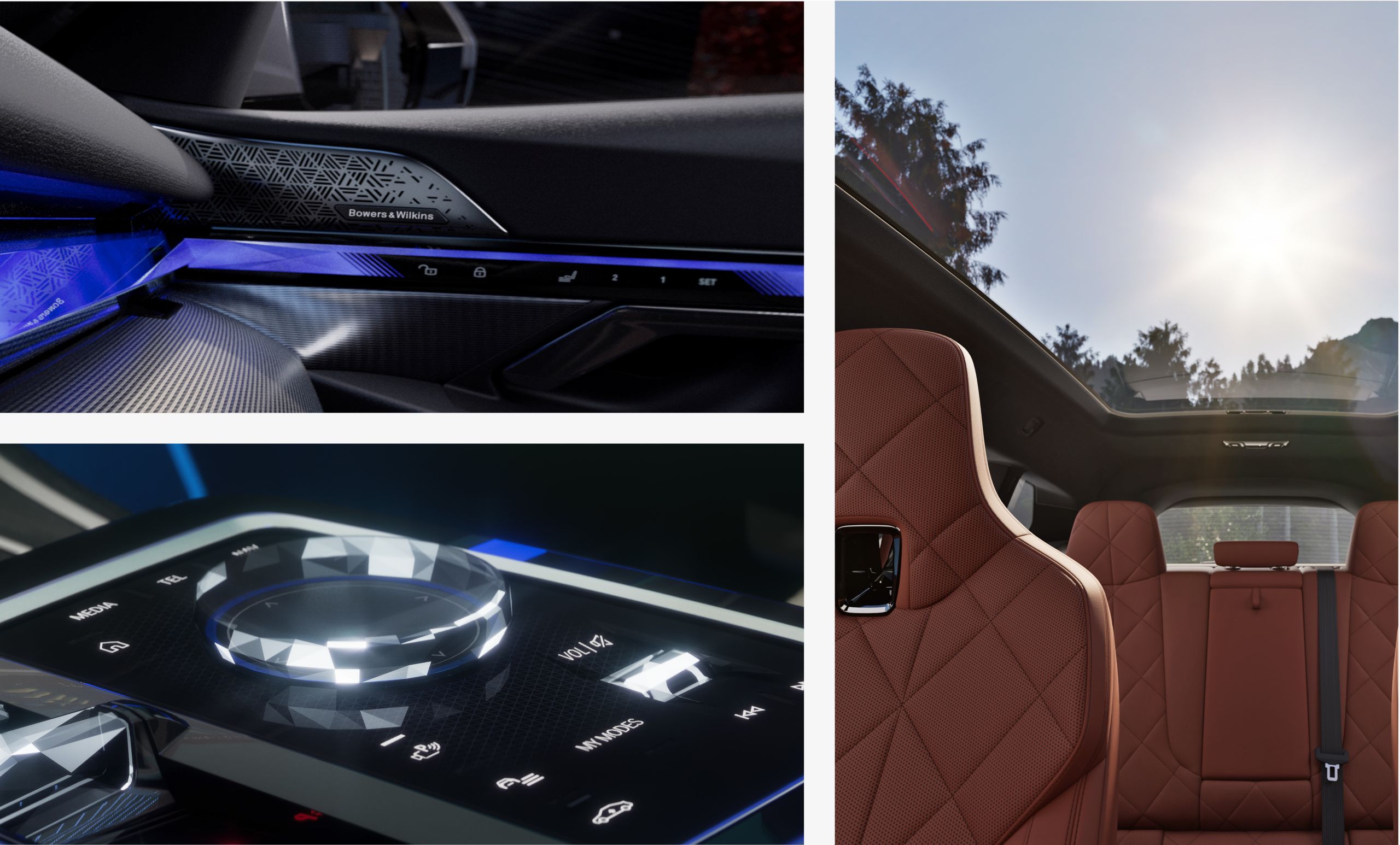 A group of images showing luxurious features inside the BMW i4, BMW iX, BMW i7, and BMW i5