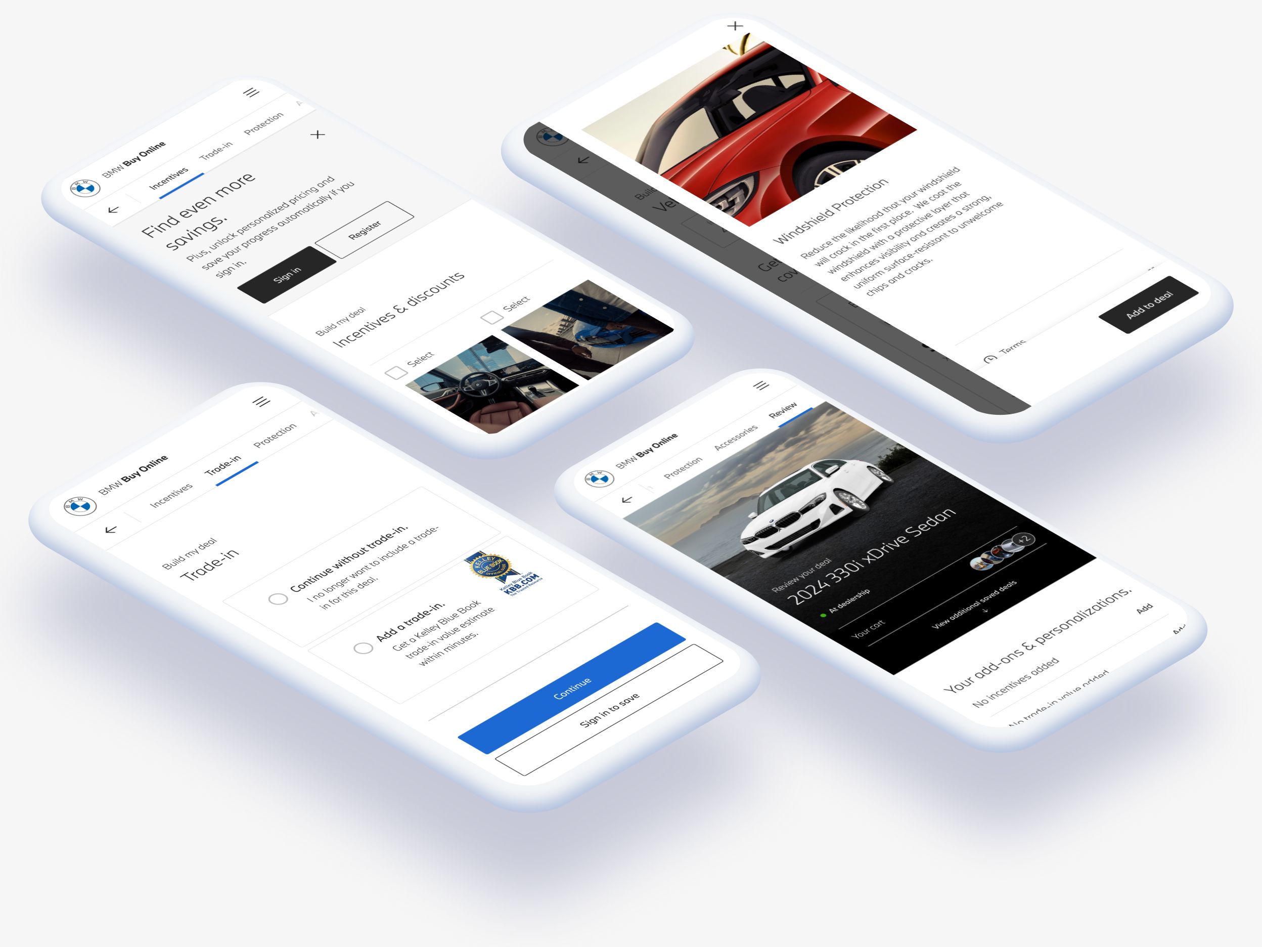 A composite image showing 4 phone screens that demonstrate the steps to use BMW Buy Online.
