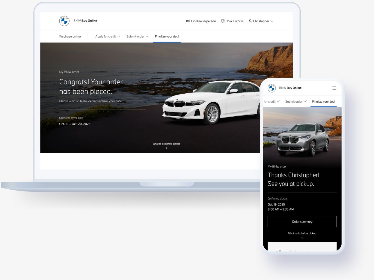 An image showing a laptop and phone on the final screen for BMW Buy Online.