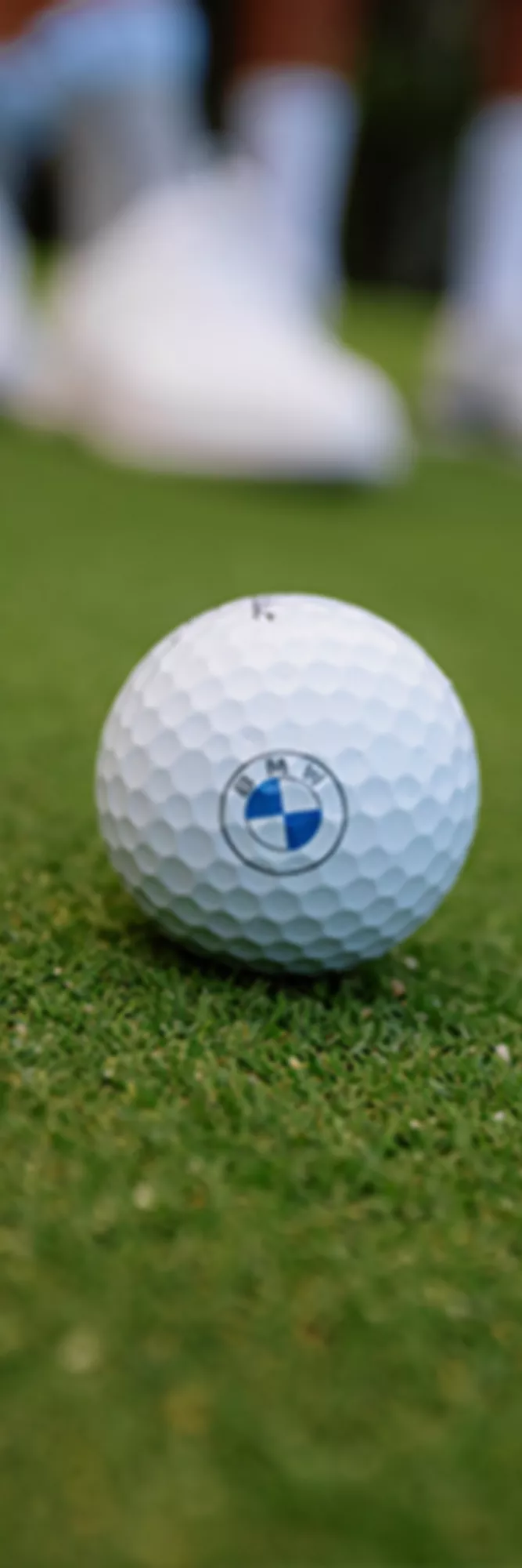 BMW:n logolla varustettu golfpallo, joka makaa nurmikolla