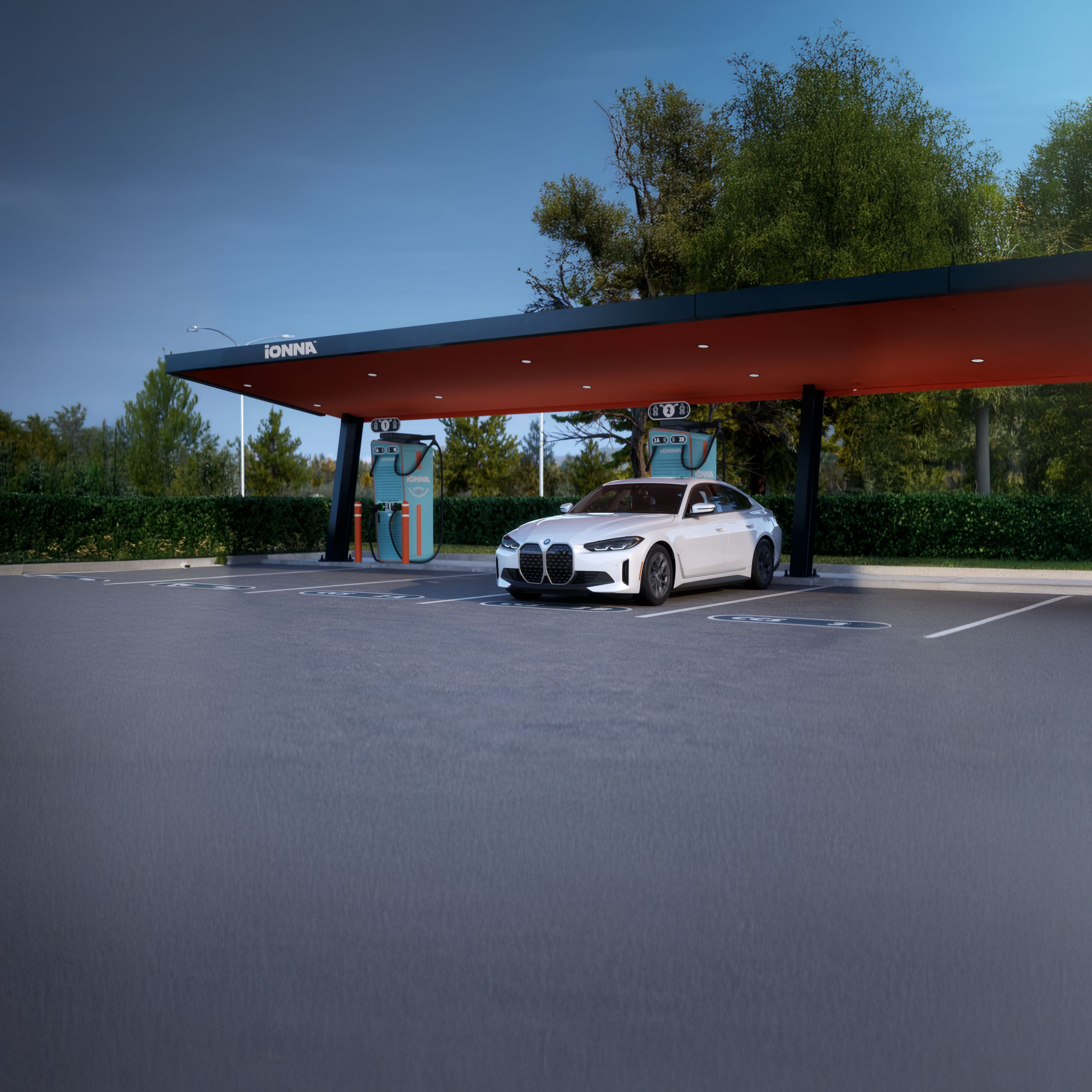 A BMW Certified i4 charging at an IONNA charging station.
