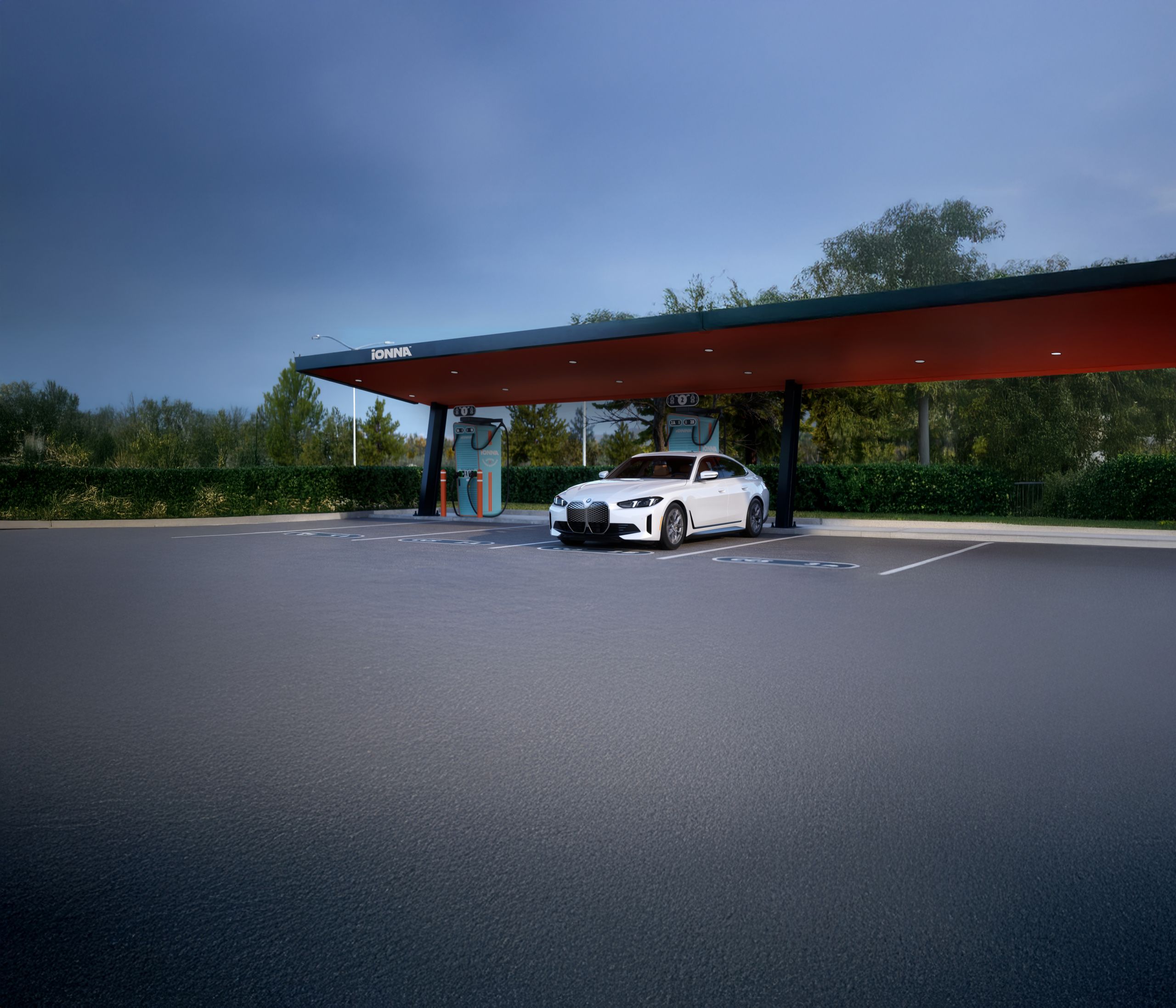 A BMW i4 parked at an IONNA charging station