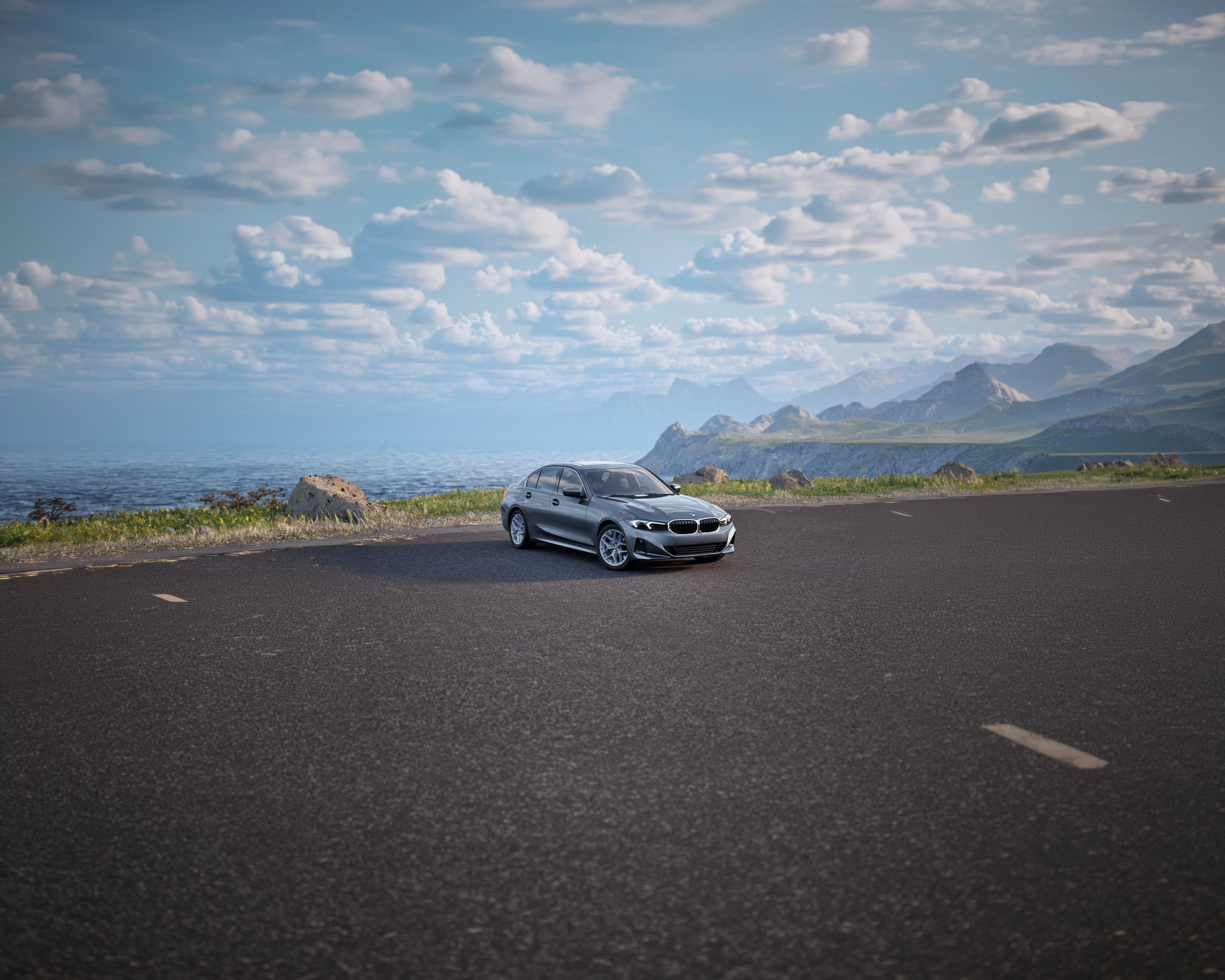 A BMW 3 Series sits parked on top of a cliff in front of a large body of water