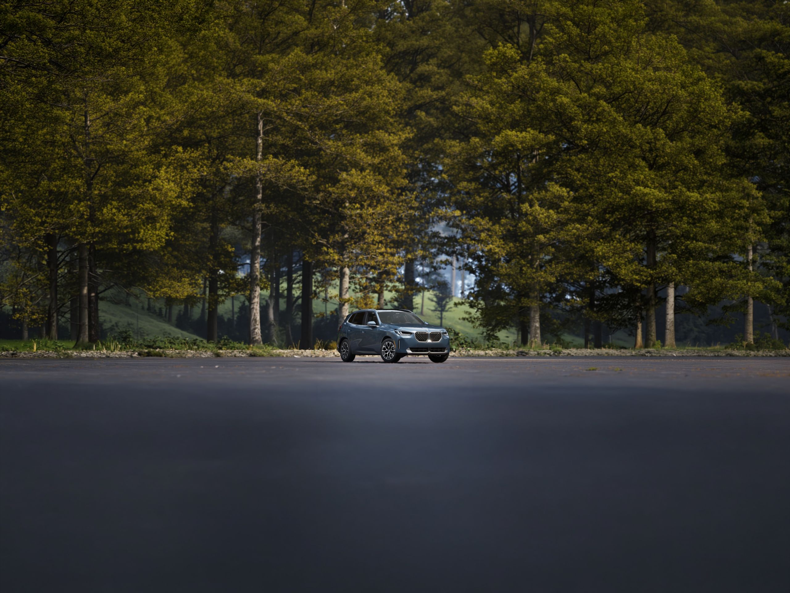 A BMW X3 sits parked in front of a lush woodland park