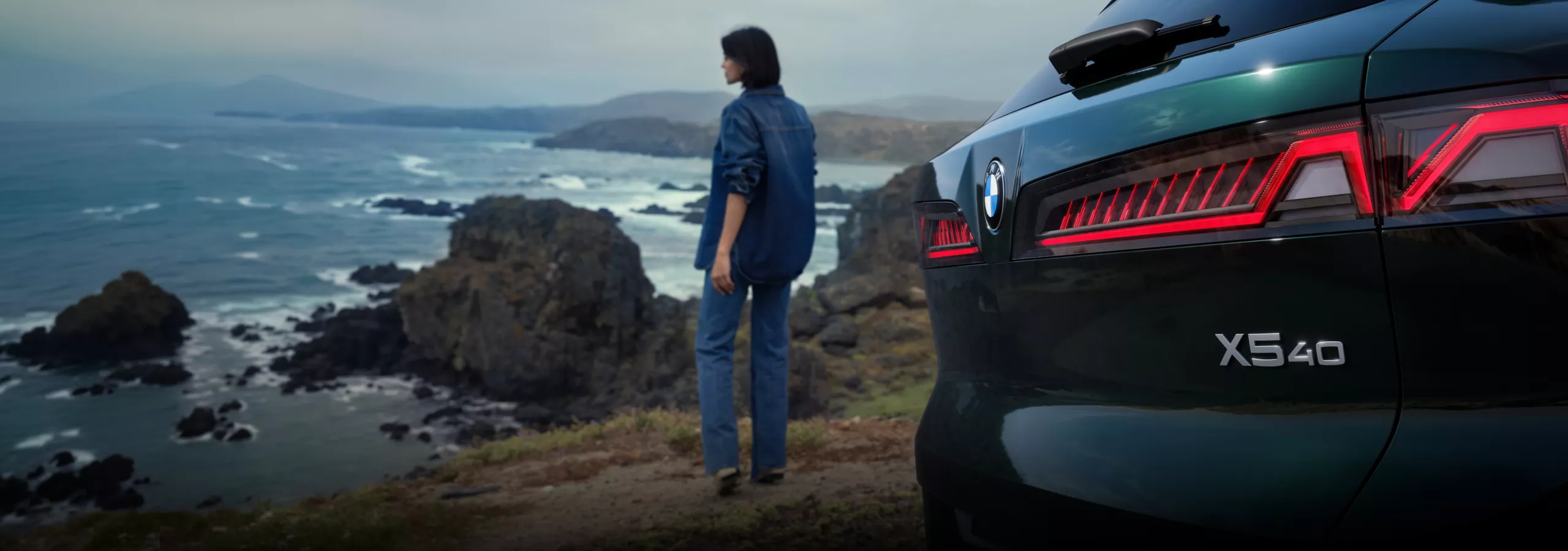 A woman in the foreground looks out over a rocky coastline.