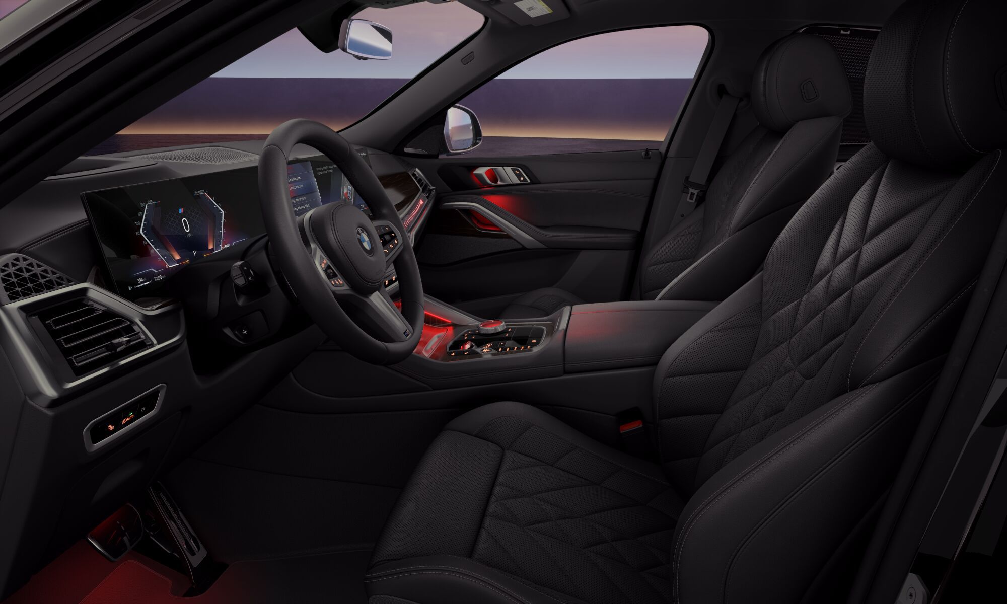 Interior of the BMW X6 presenting the cockpit and curved display, M sport seats, sound system in the doors, panorama glass roof, and middle console