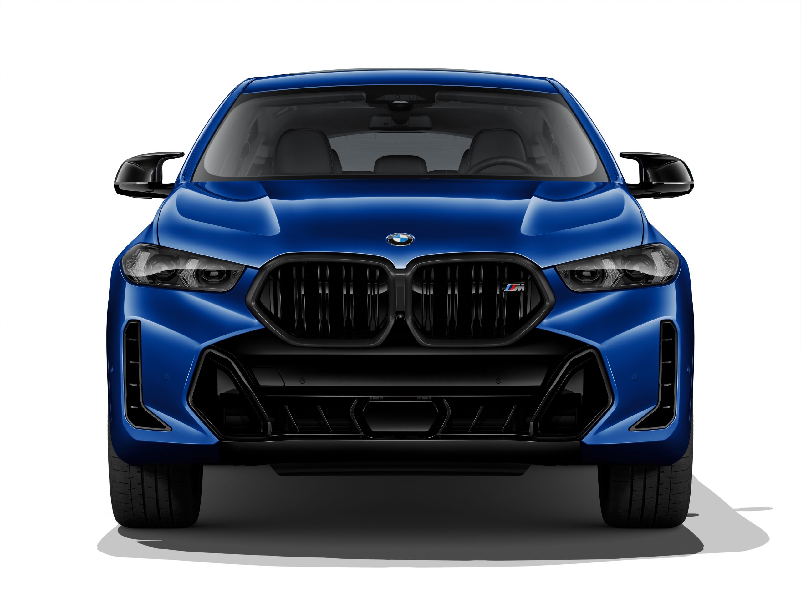 Detail of the front of the BMW X6 M60i with the BMW Kidney Grille with vertical double ribs and M logo
