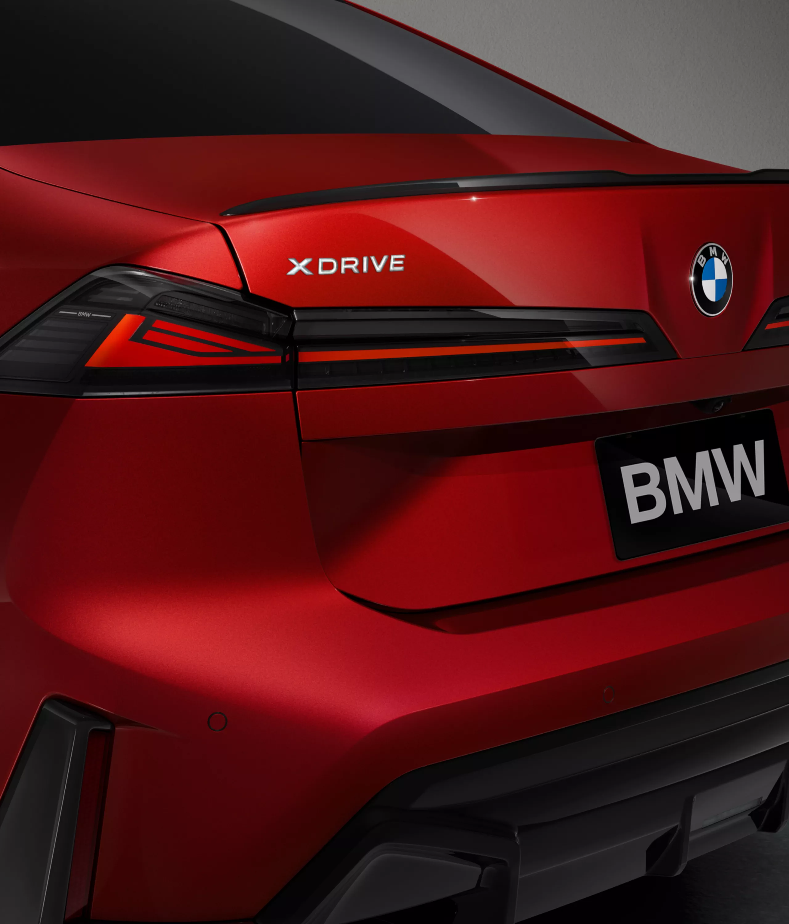 Close-up of the rear with rear lights switched on.