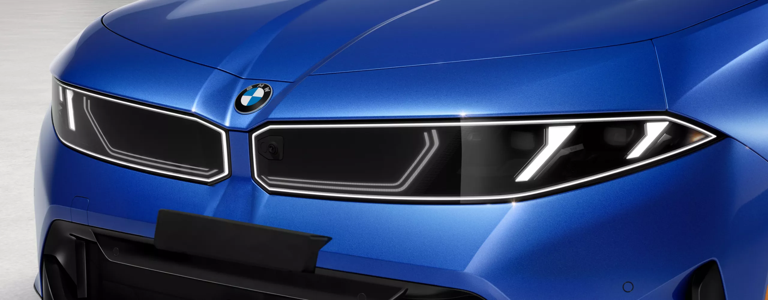 Close-up of BMW badge on the hood.