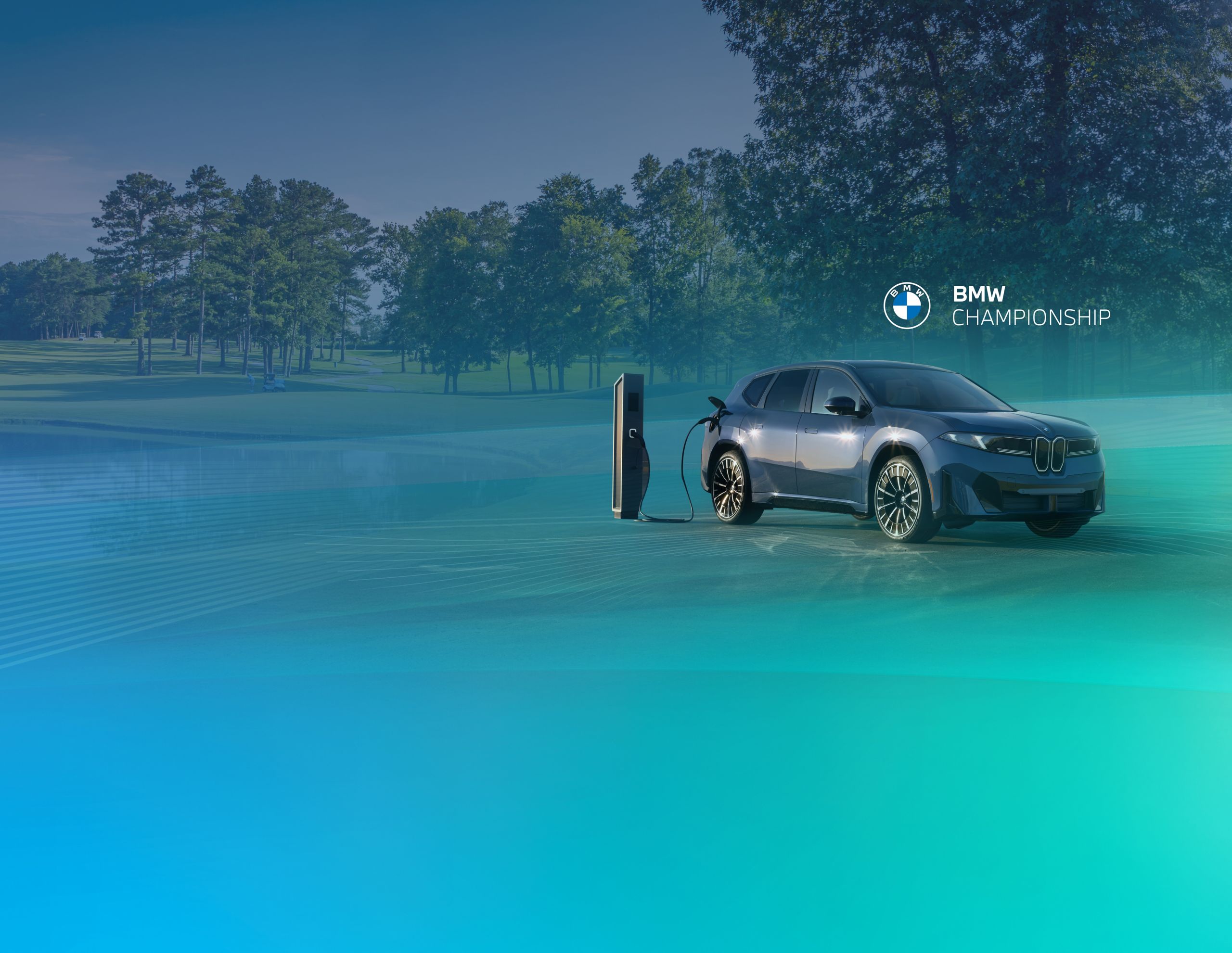 The BMW iX3 charges at a charging station while parked in a blue-green studio spaces with a faded image of a golf course in the background. 