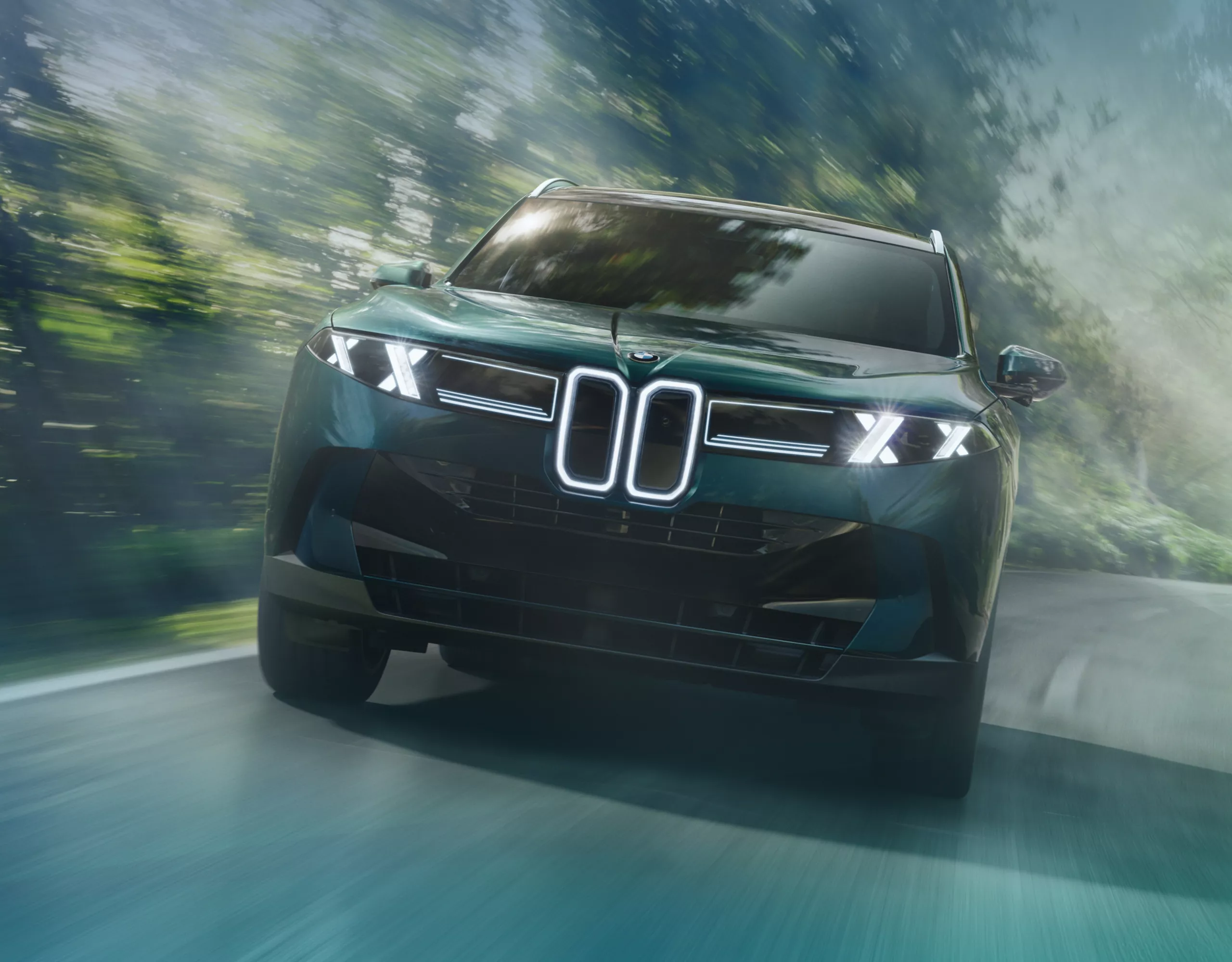 A collage of three images: the BMW X5 driving down a forested road, a BMW branded golf ball, and a wide shot of a lush golf course.