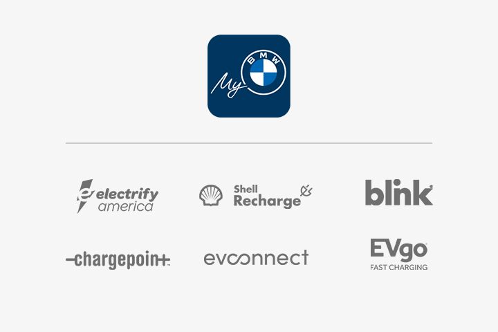 The My BMW App logo positioned above the Electrify America logo, Shell Recharge logo, Blink logo, Chargepoint logo, EV Connect logo, and EVgo Fast Charging logo