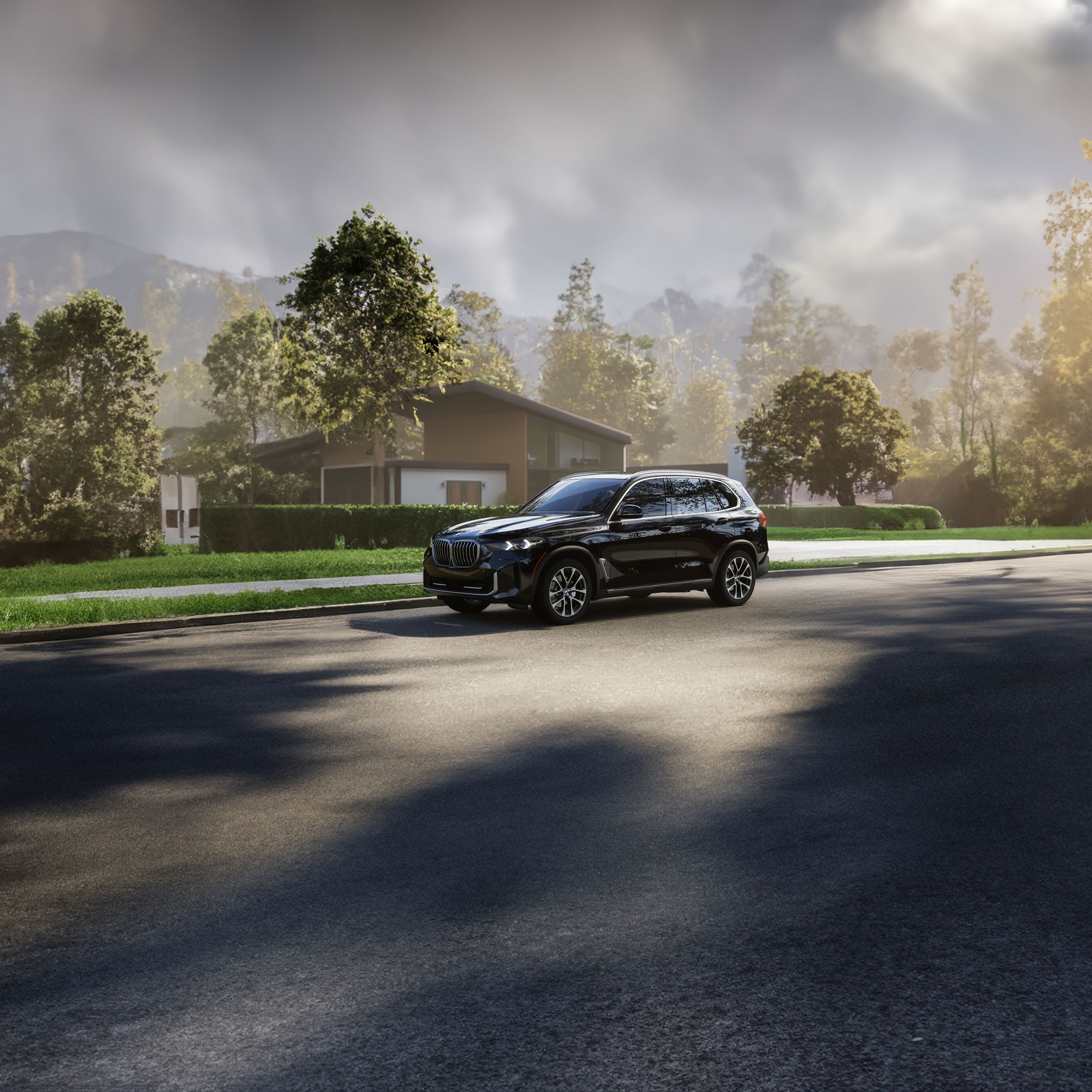 The BMW X5 parked dramatically on an asphalt surface.