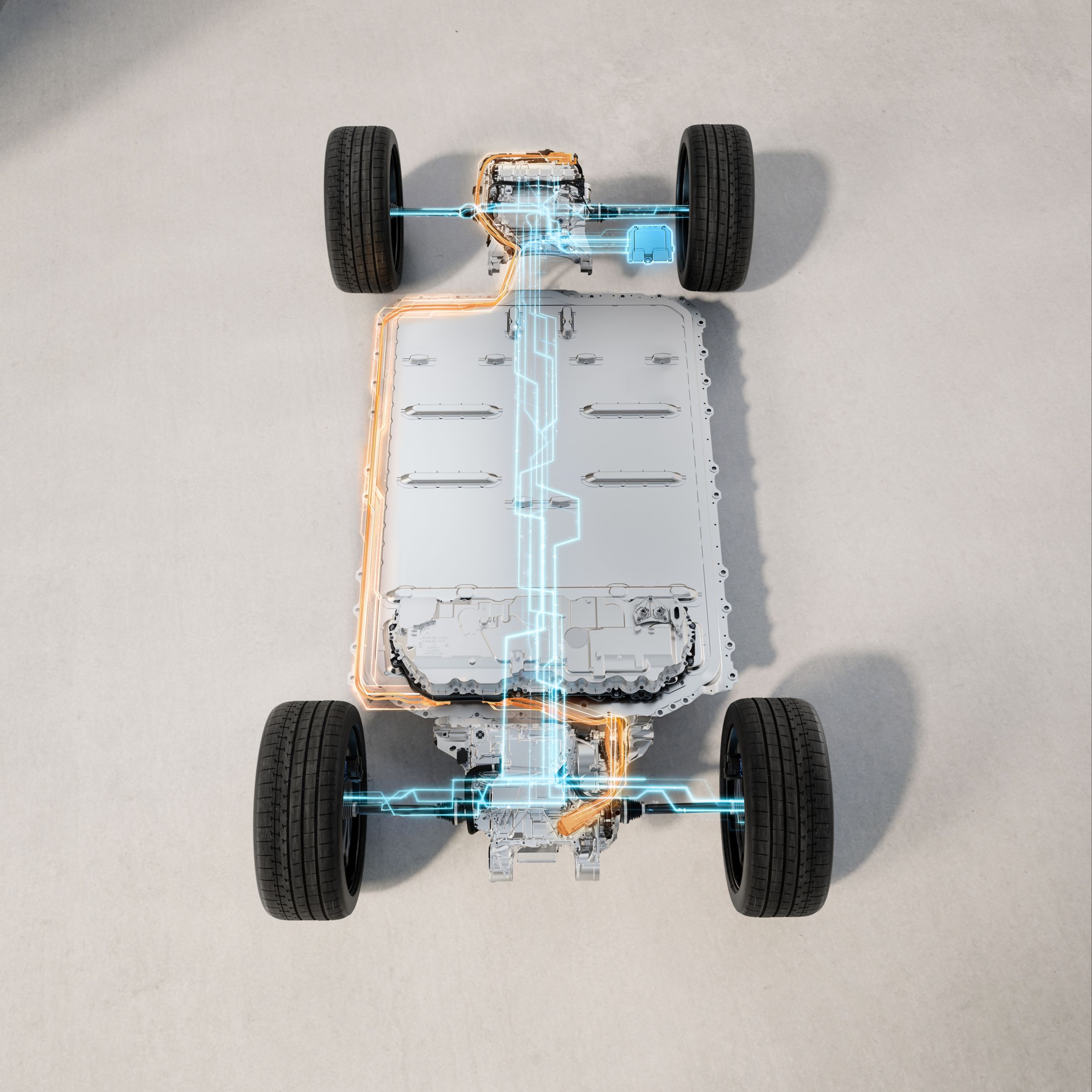 An almost transparent BMW stands in a bright, modern setting, showcasing the electric motors on the front and rear axles