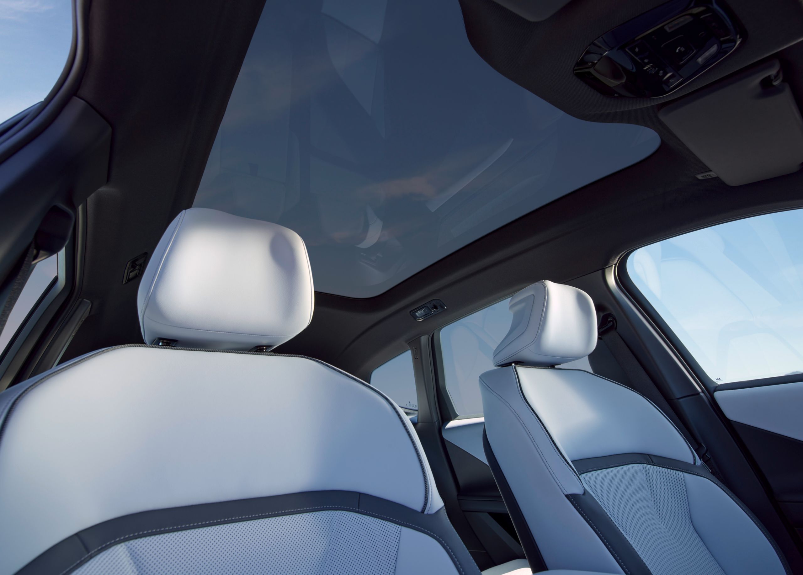 View of the panoramic glass roof from the passenger seat