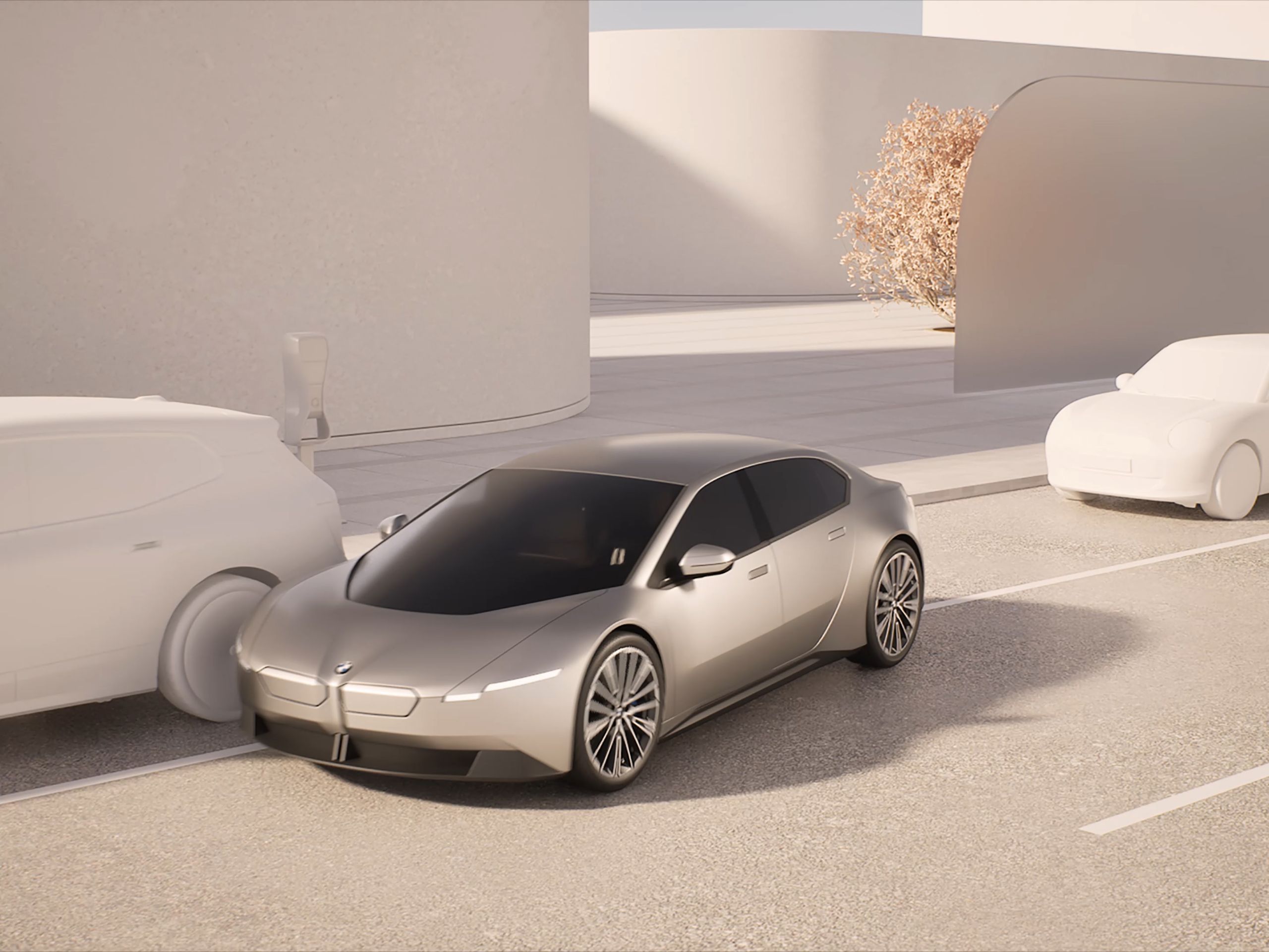 A concept vehicle is parked. Angle, distance to obstacles and cameras are shown in the display. Afterwards the vehicle is unparked with the My BMW App.