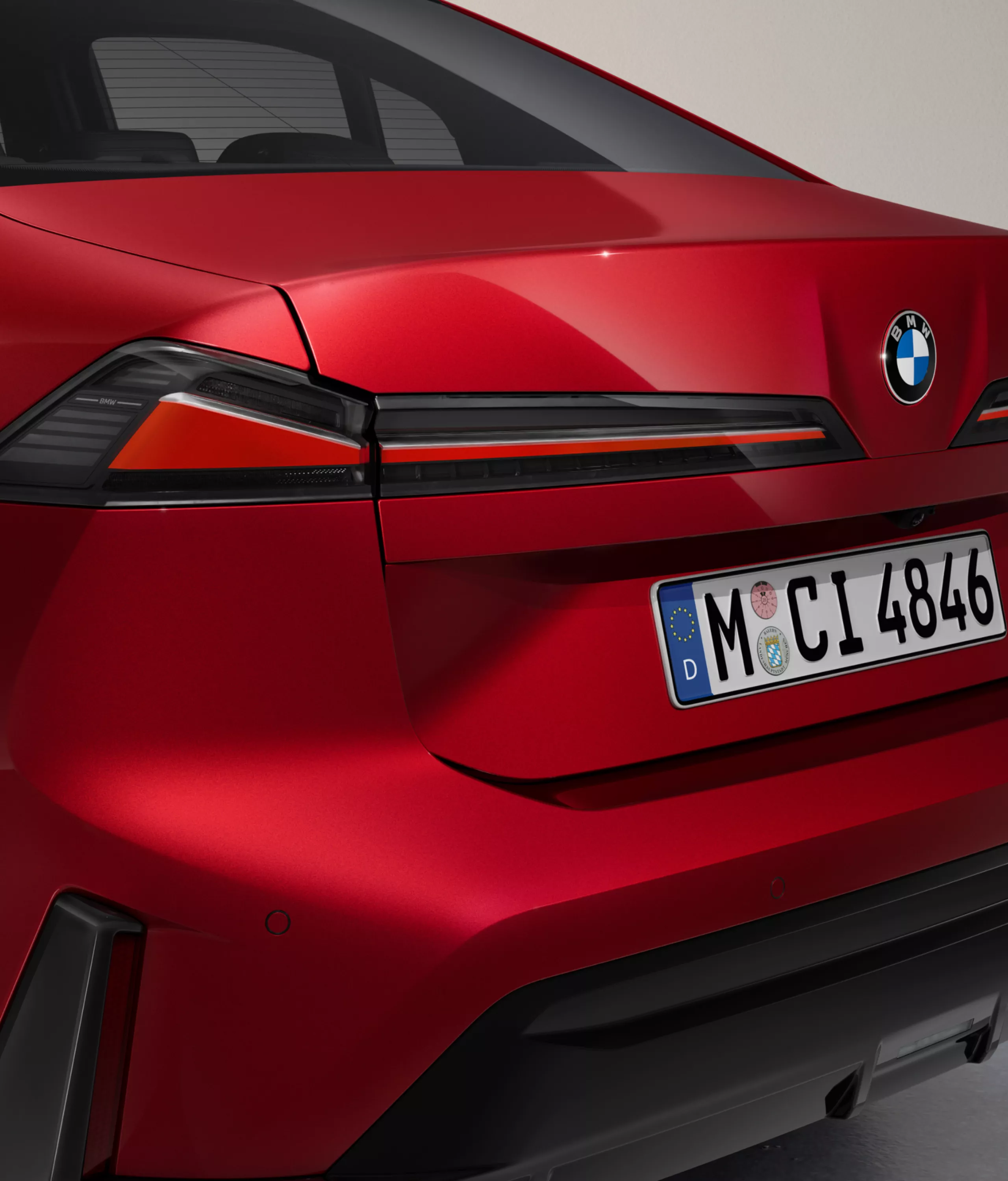Close-up of the rear with rear lights switched on.