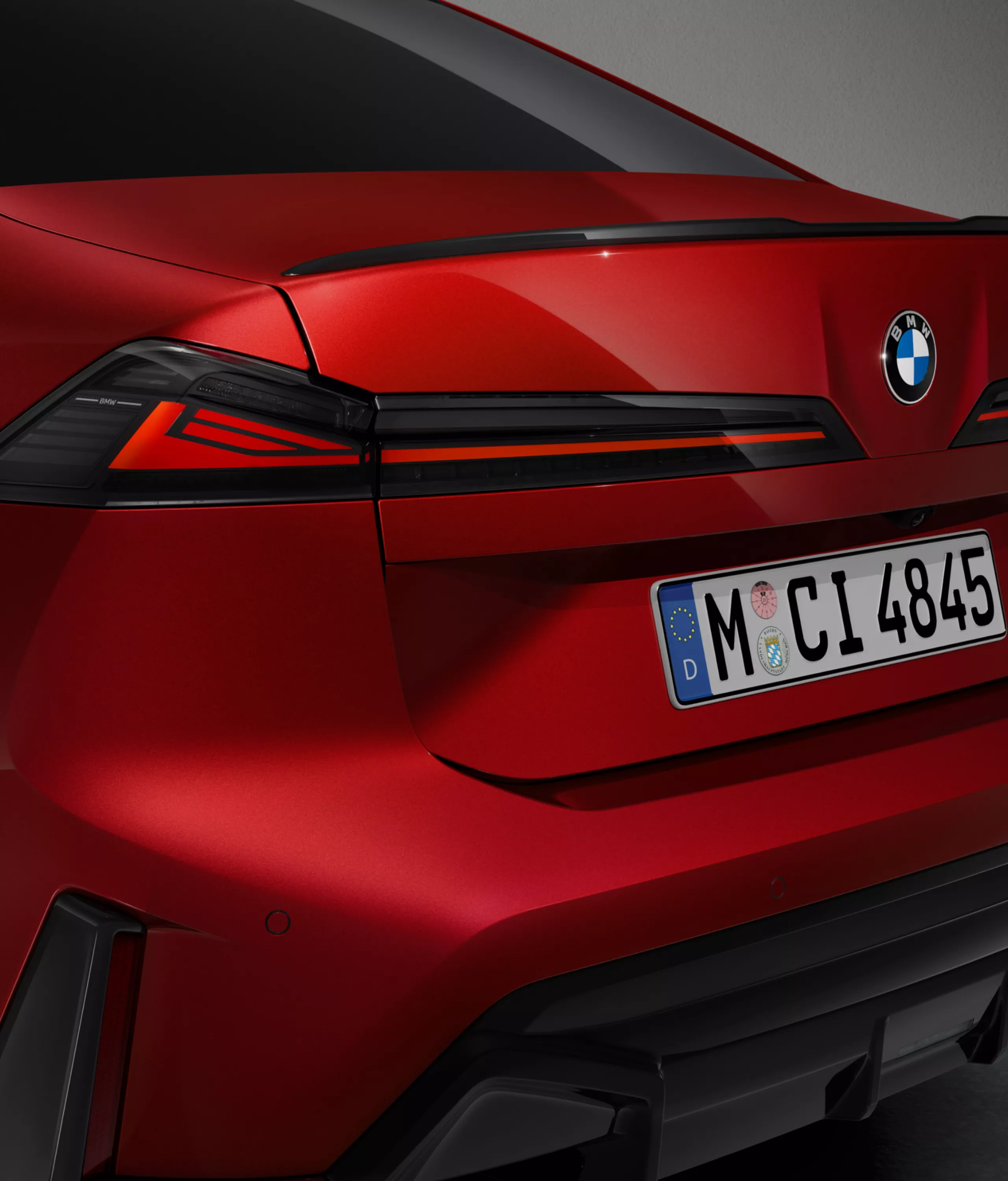 Close-up of the rear with rear lights switched on.