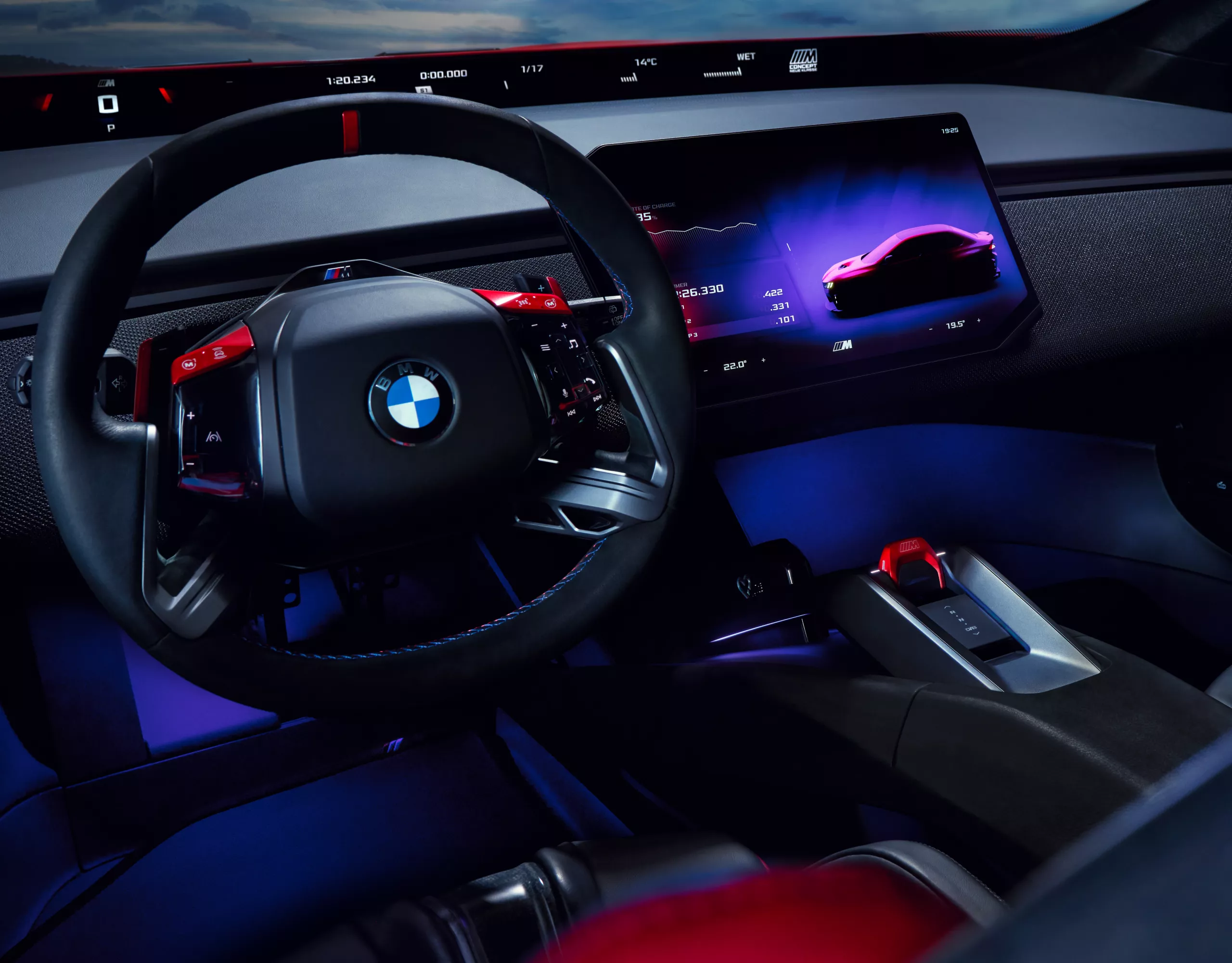 BMW M Concept Neue Klasse red M elements on steering wheel and controls.