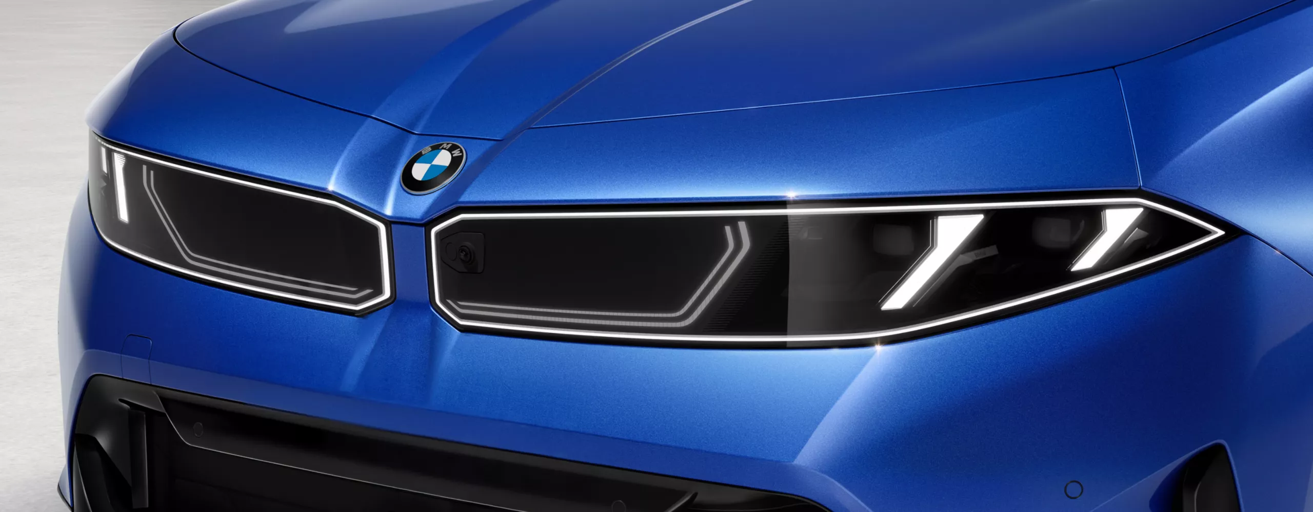 Close-up of BMW badge on the hood.
