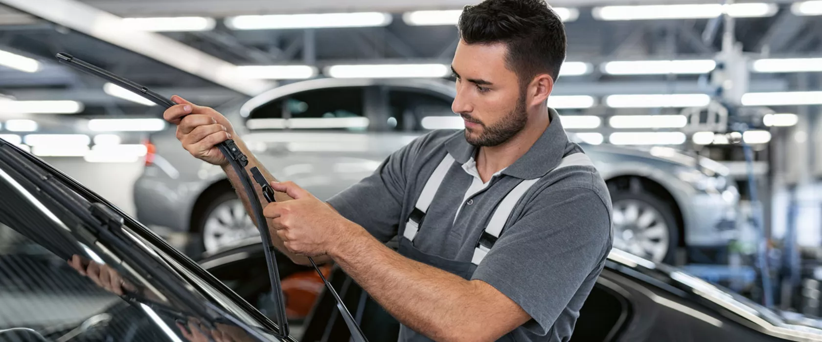 Pyyhkijän sulka tuulilasissa korjaamolla