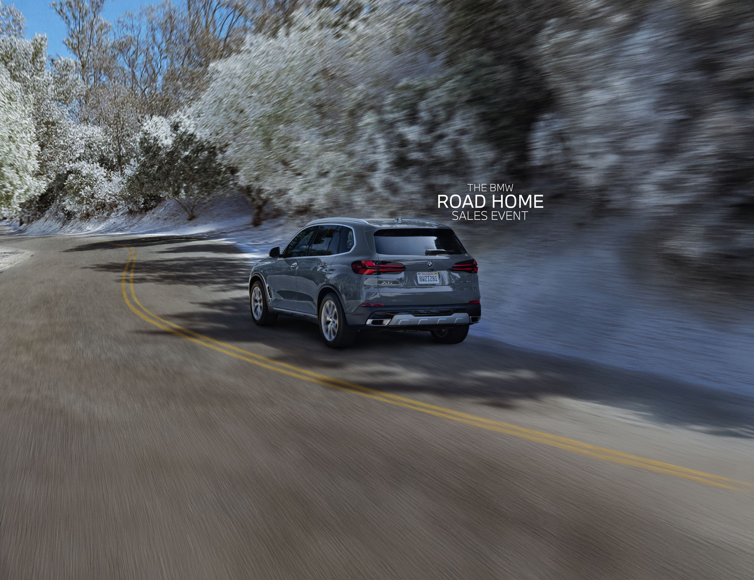 Back view of a BMW X5 xDrive40i SUV on a tree-lined road