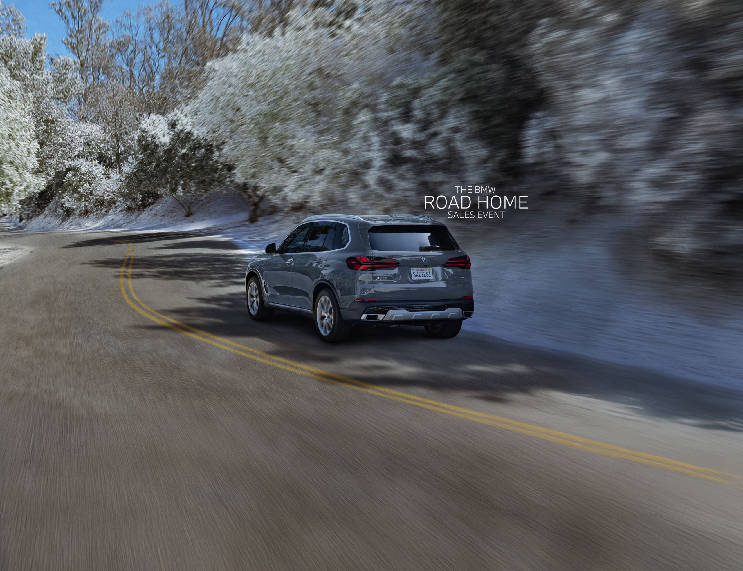 Back view of a BMW X5 xDrive40i SUV on a tree-lined road