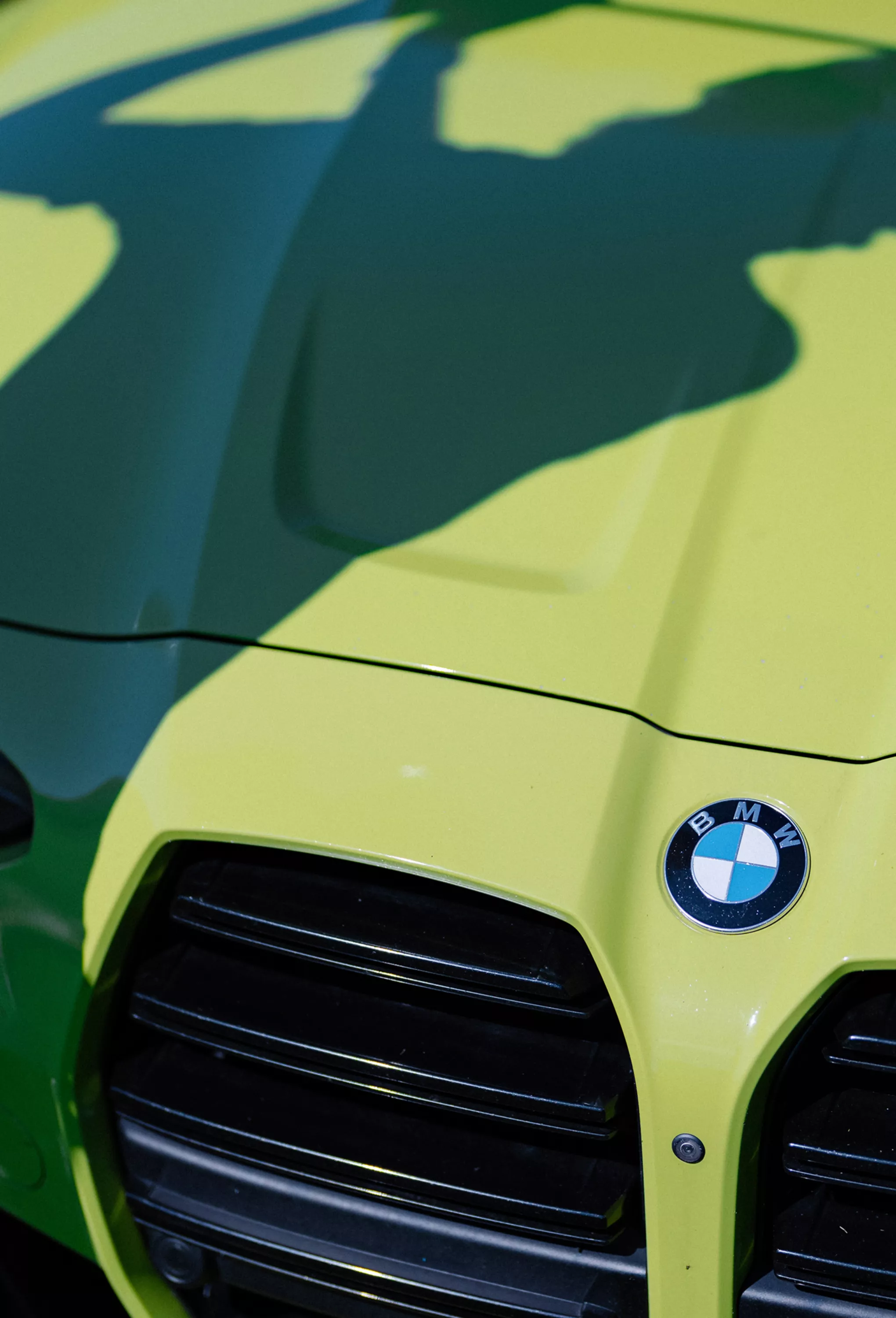 Close up of the hood and front grille on a lime green BMW