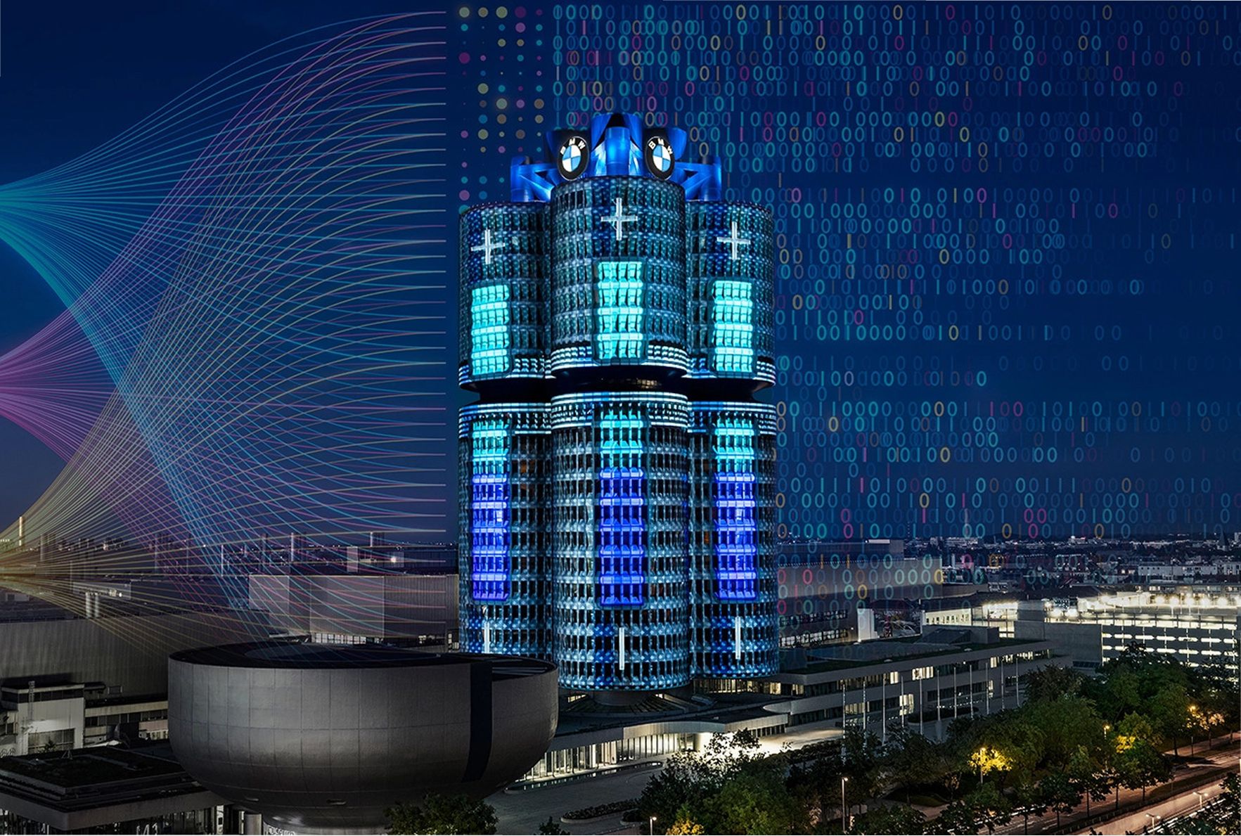 A rendering of a modern building with neon lights, BMW branding, and digital graphics in the background