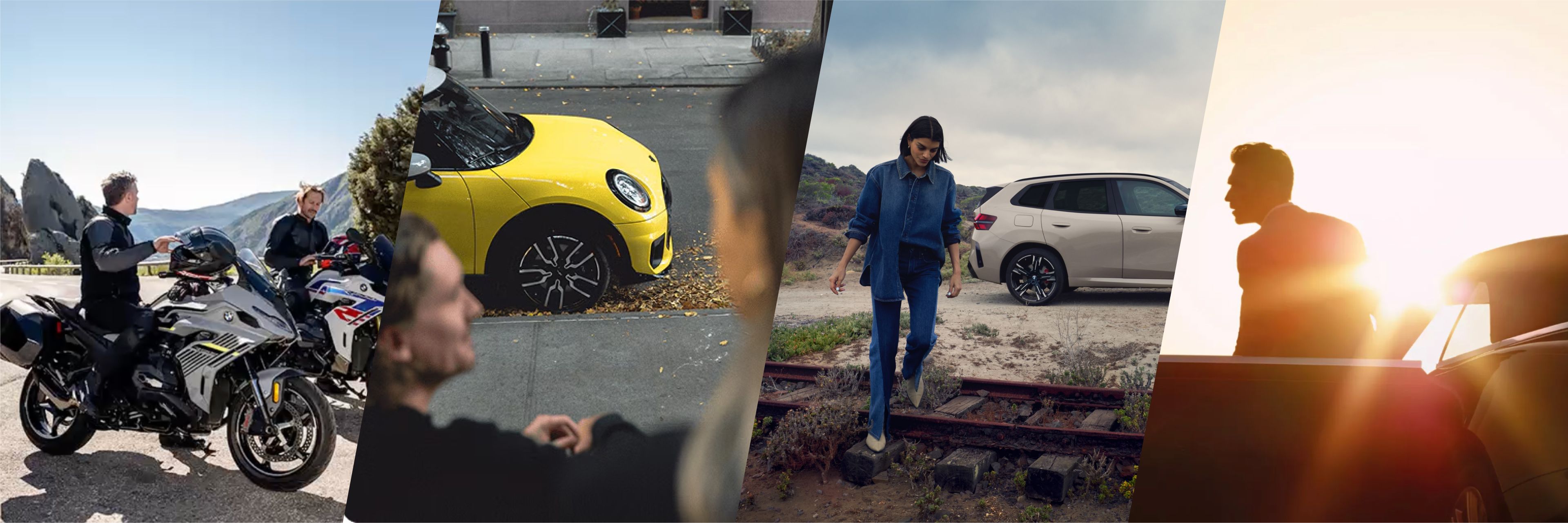 A collage consisting of 2 BMW motorcycle drivers, a MINI parked on the street with two people in the foreground, a woman crossing railroad tracks with a BMW in the background, and a sunlit silhouette of a man getting out of a vehicle. 