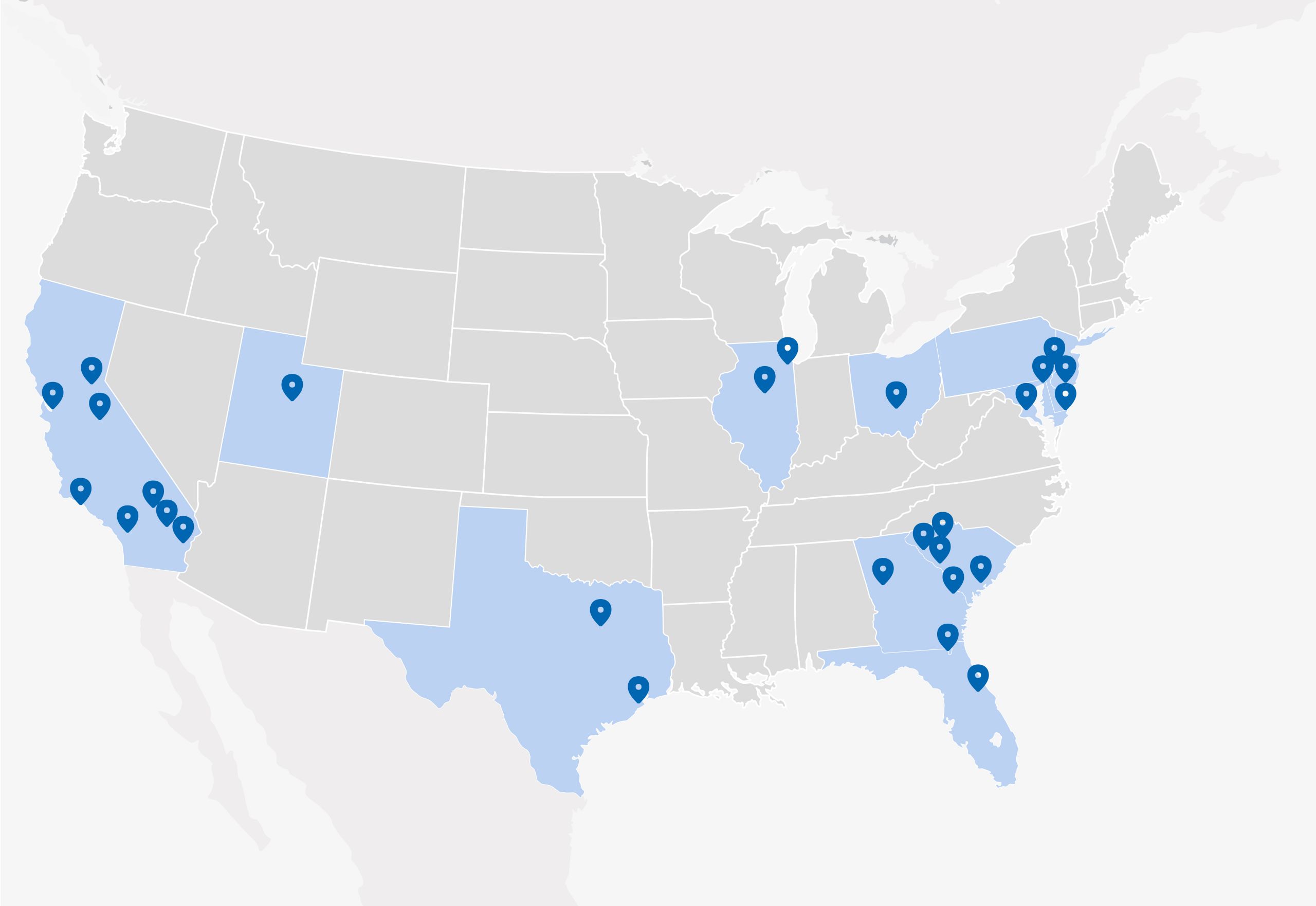 A map of the US with pins representing the 30 corporate locations across the country.