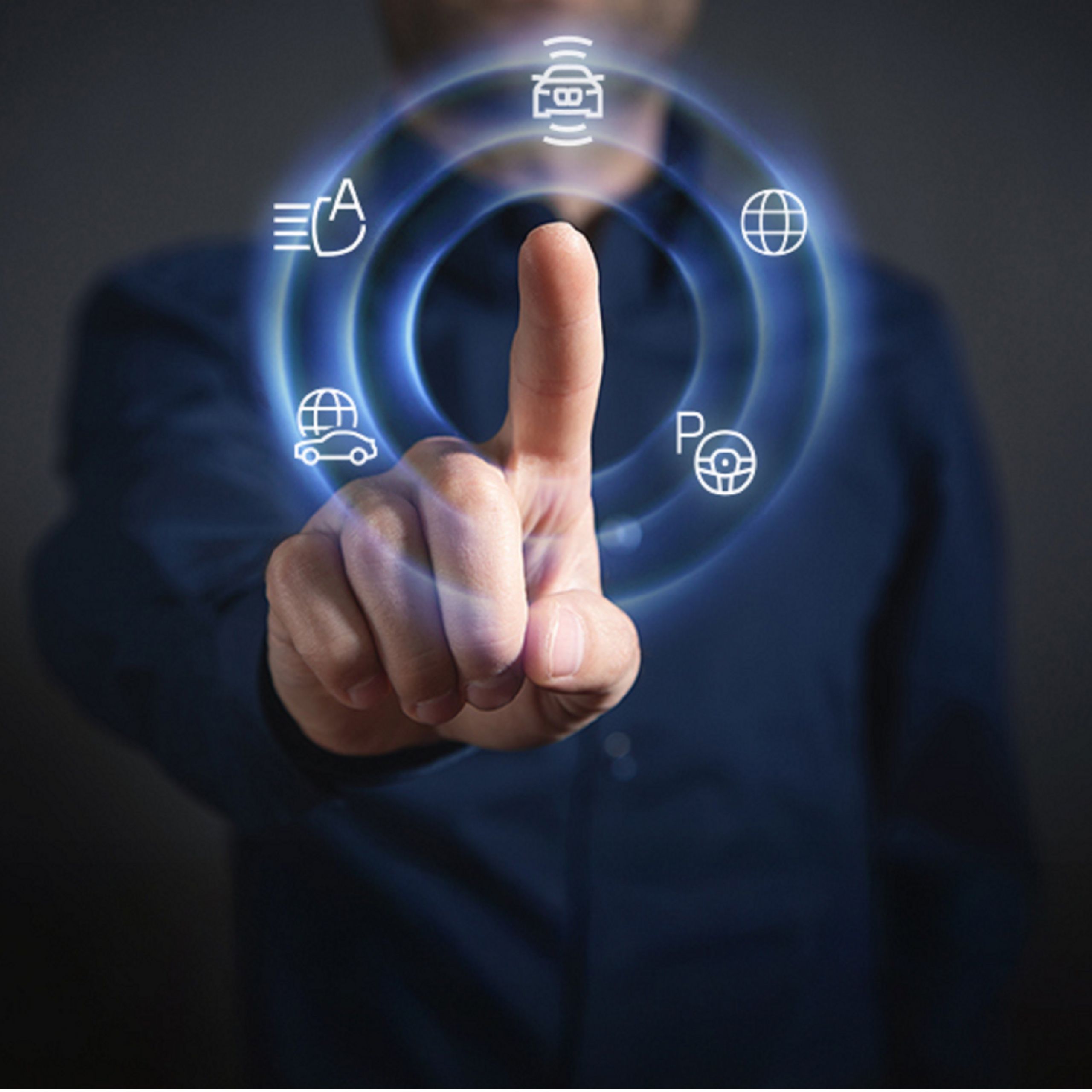 Una persona sentada al volante de un BMW seleccionando un vídeo desde la vista del BMW Drive Recorder – Ilustración con elementos gráficos