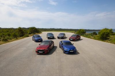 Sechs BMW Modelle stehen auf einer Straße in grüner Landschaft. Im Vordergrund ist ein rotes und ein blaues Modell zu sehen