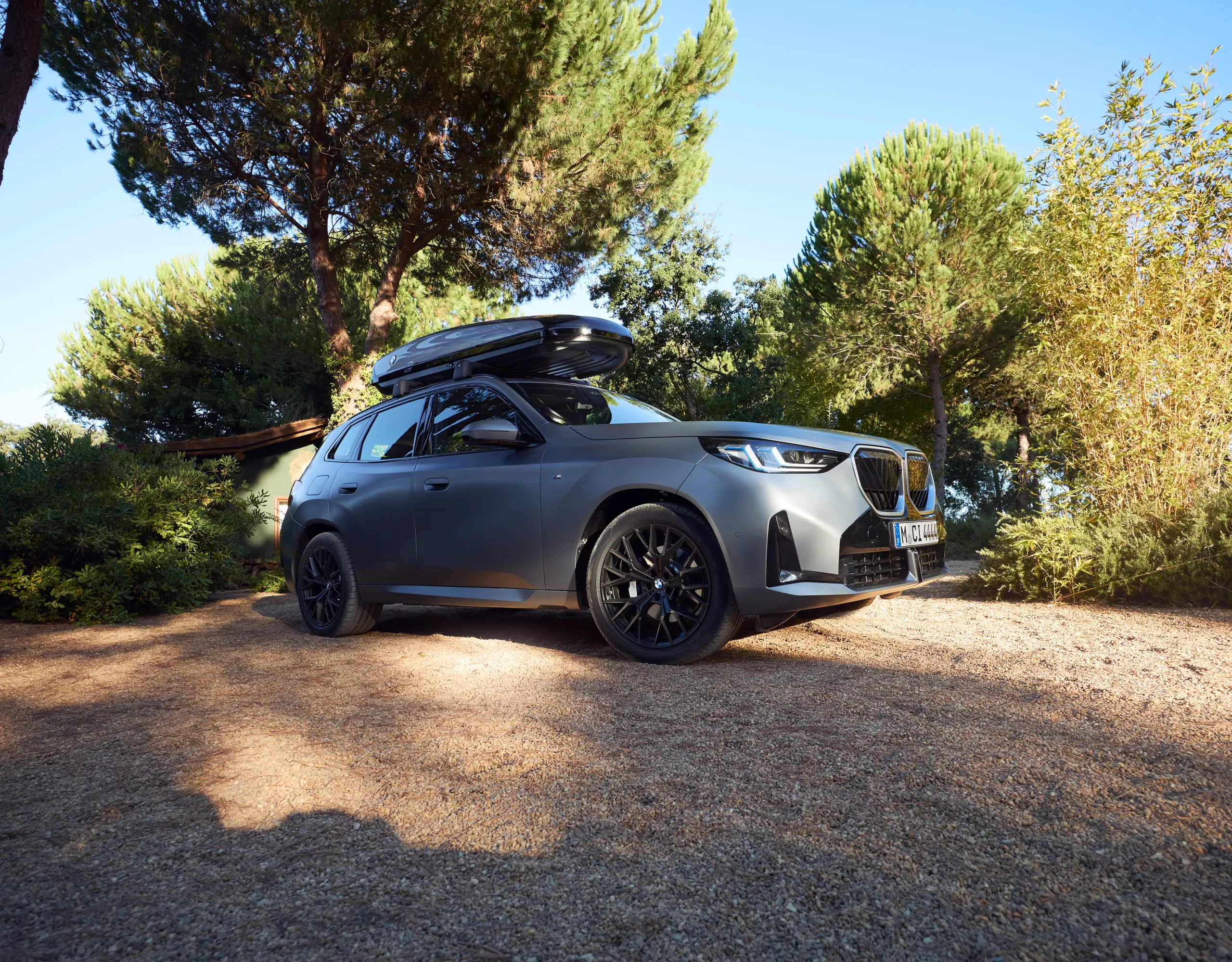 BMW X3 20 xDrive com caixa de tejadilho estacionado ao lado de uma árvore.