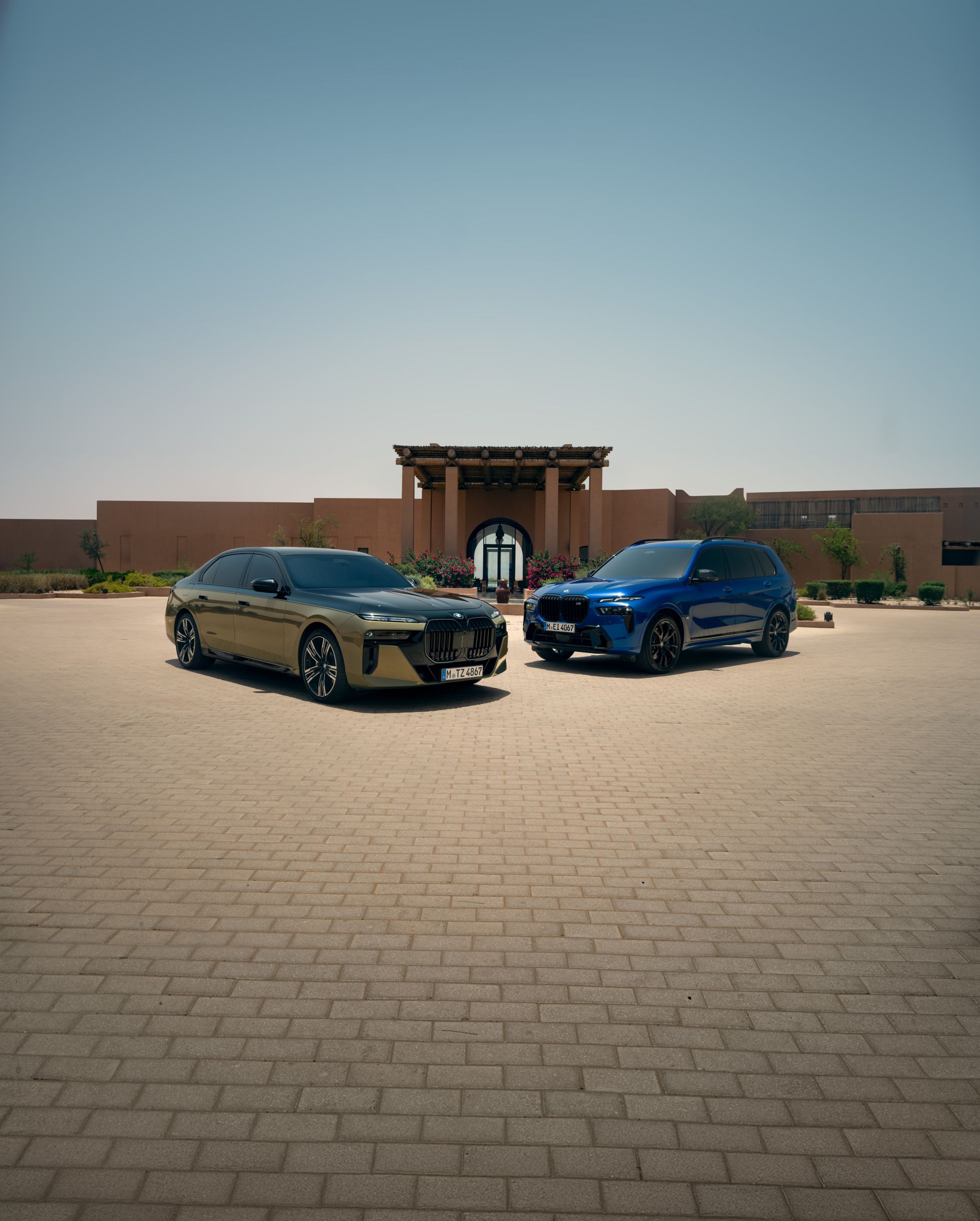 BMW 7 series sedan parked at the curb in front of palm trees