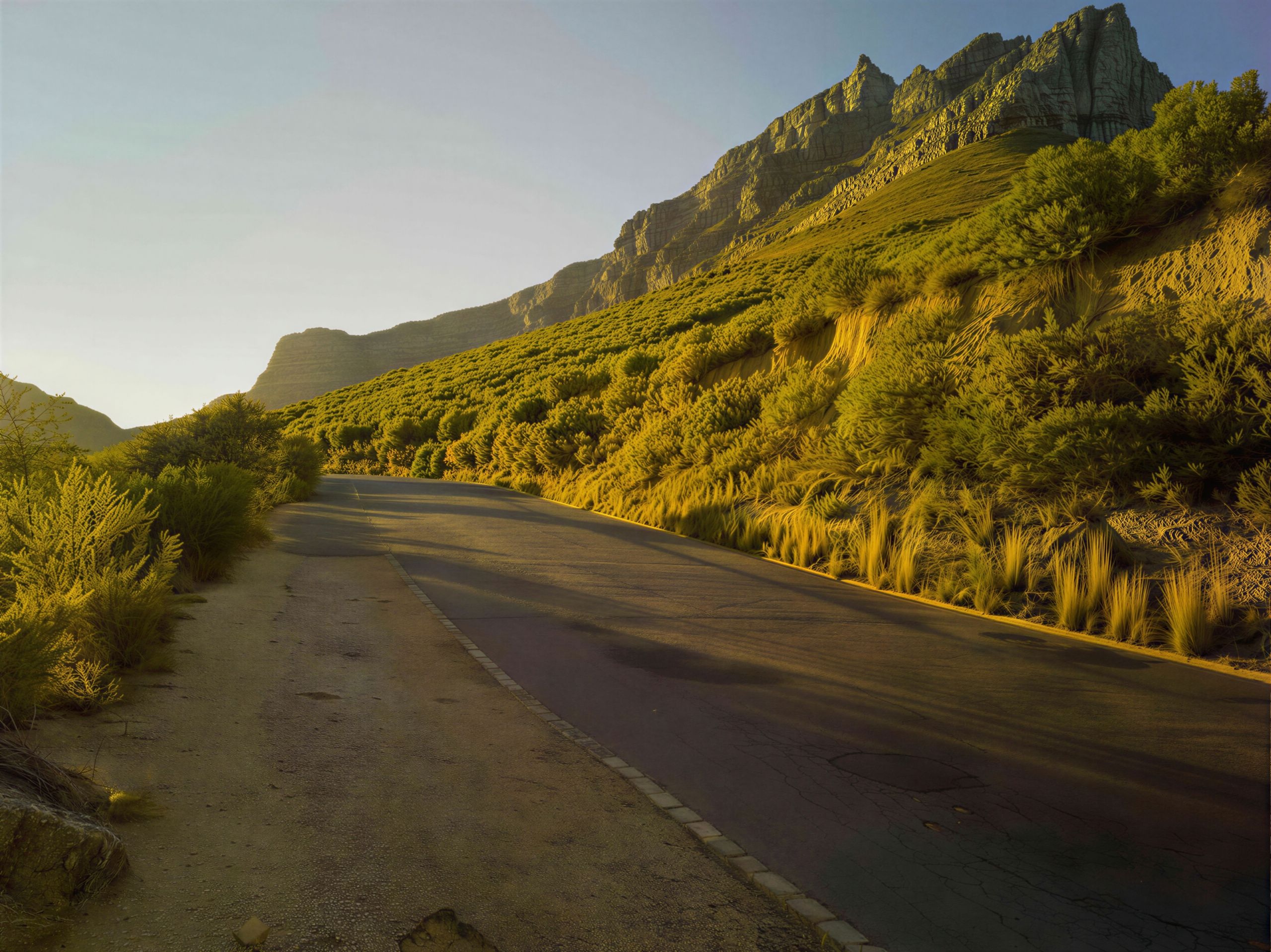 A lush, scenic landscape showing green rolling hills and a blue sky with a rustic road in the foreground