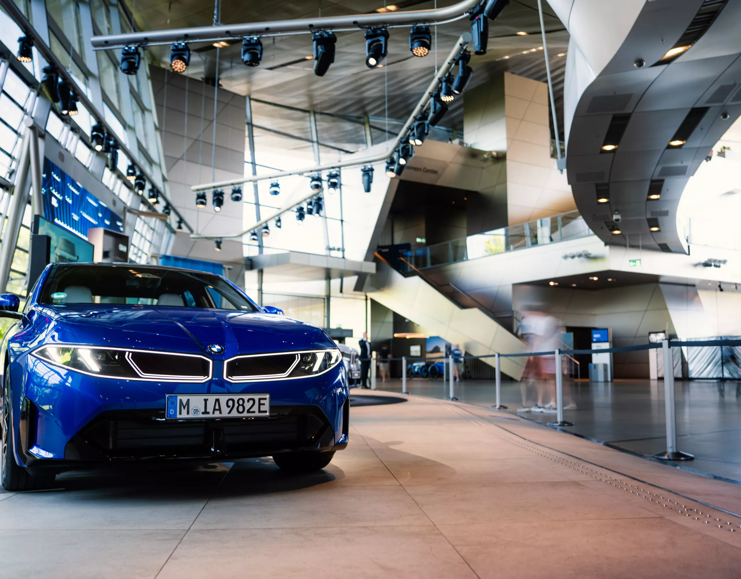 Front view of a blue BMW i3 at BMW Welt.