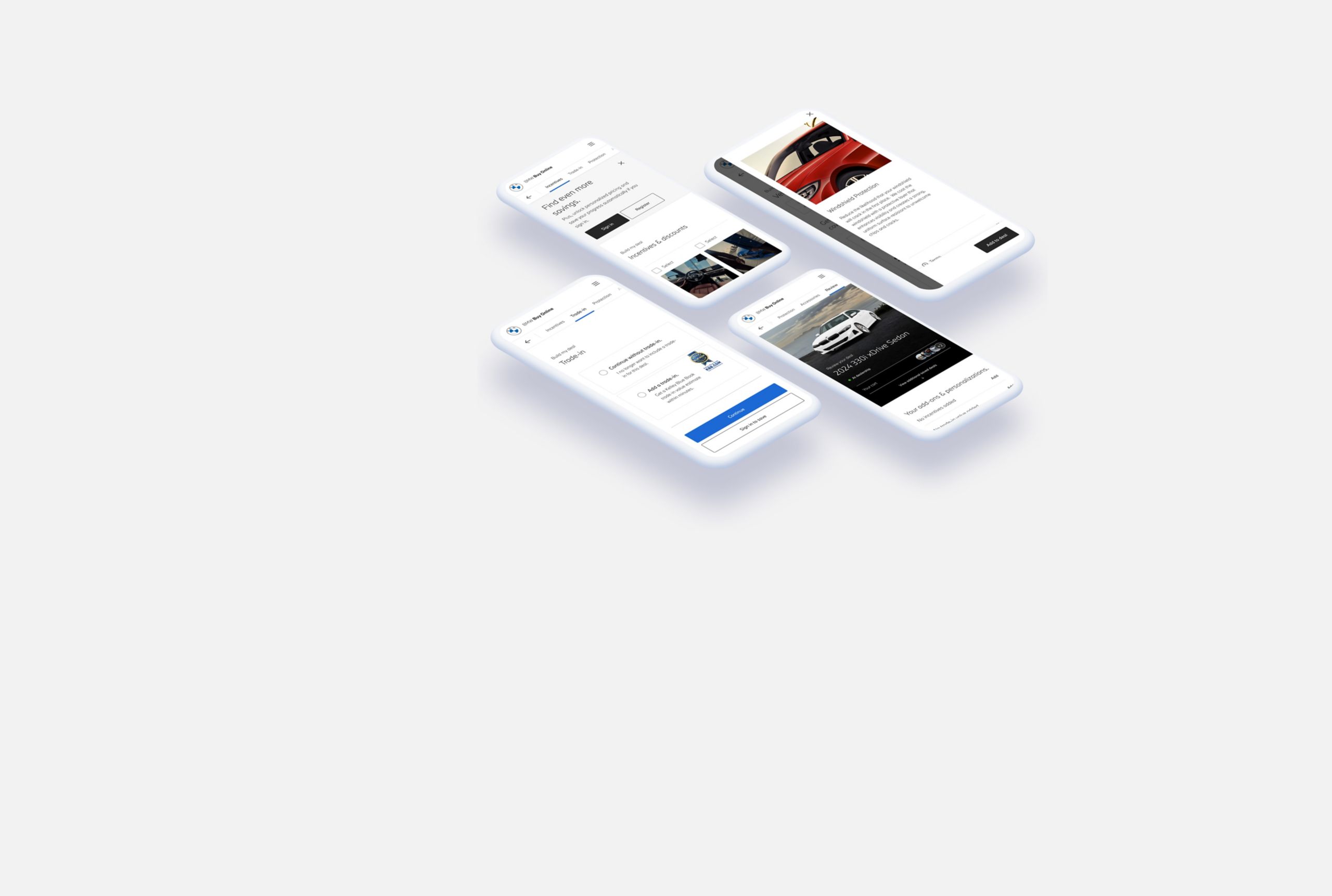 A composite image showing 4 phone screens that demonstrate the steps to use BMW Buy Online.