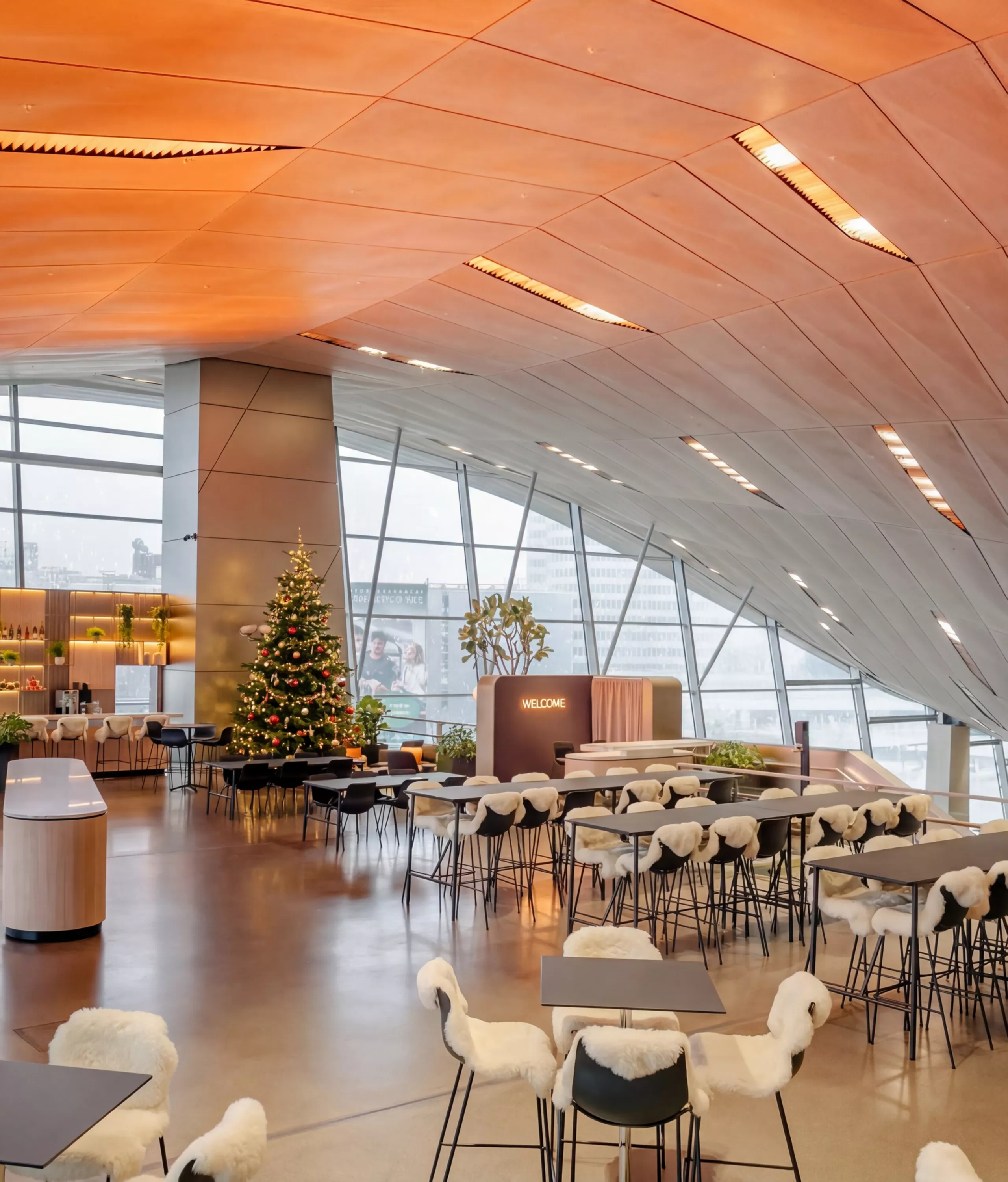 Gallery at BMW Welt with winter decorations.