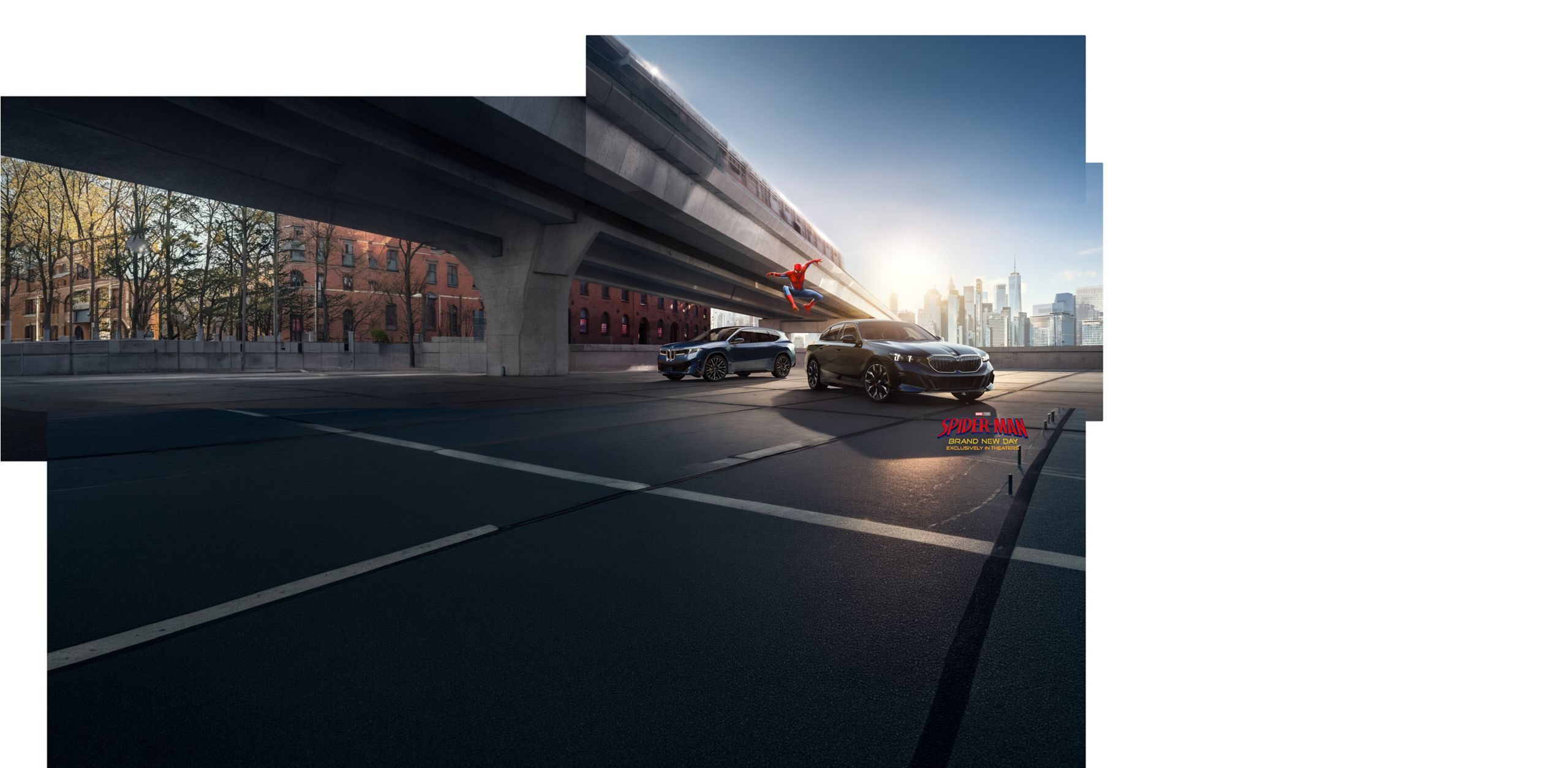 The BMW 5 Series and iX3 sit parked in an urban environment while Spider-Man leaps above them. The logo for the film Spider-Man: Brand New Day sits in the bottom right corner.